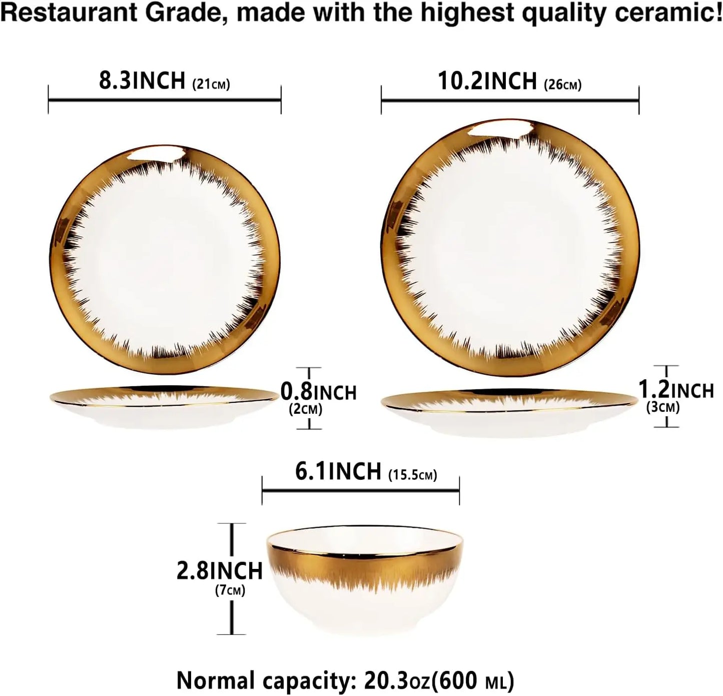 Dinnerware Sets(12Pcs) Serves for 4, Modern Dinnerware, Gilded Edge Plates and Bowls Set with 8.3"Small Plate 10.2"dinne