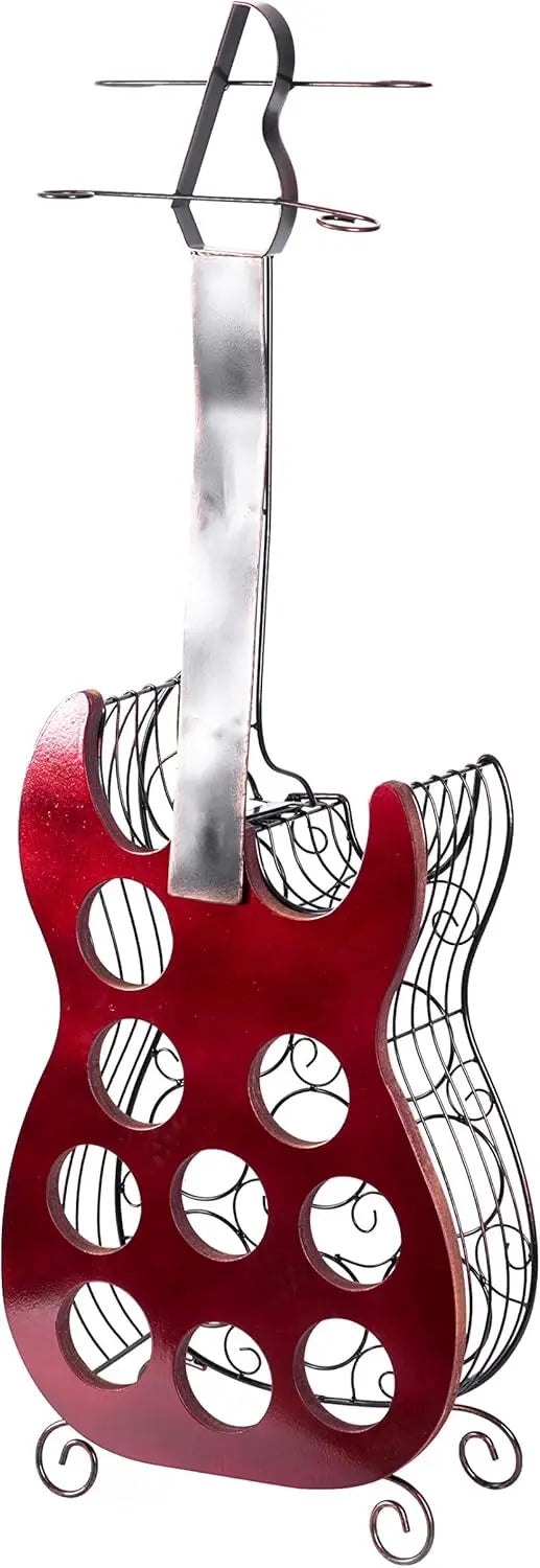 Vintage Guitar Shaped Wine Rack Holds 9 Bottles Wood and Metal