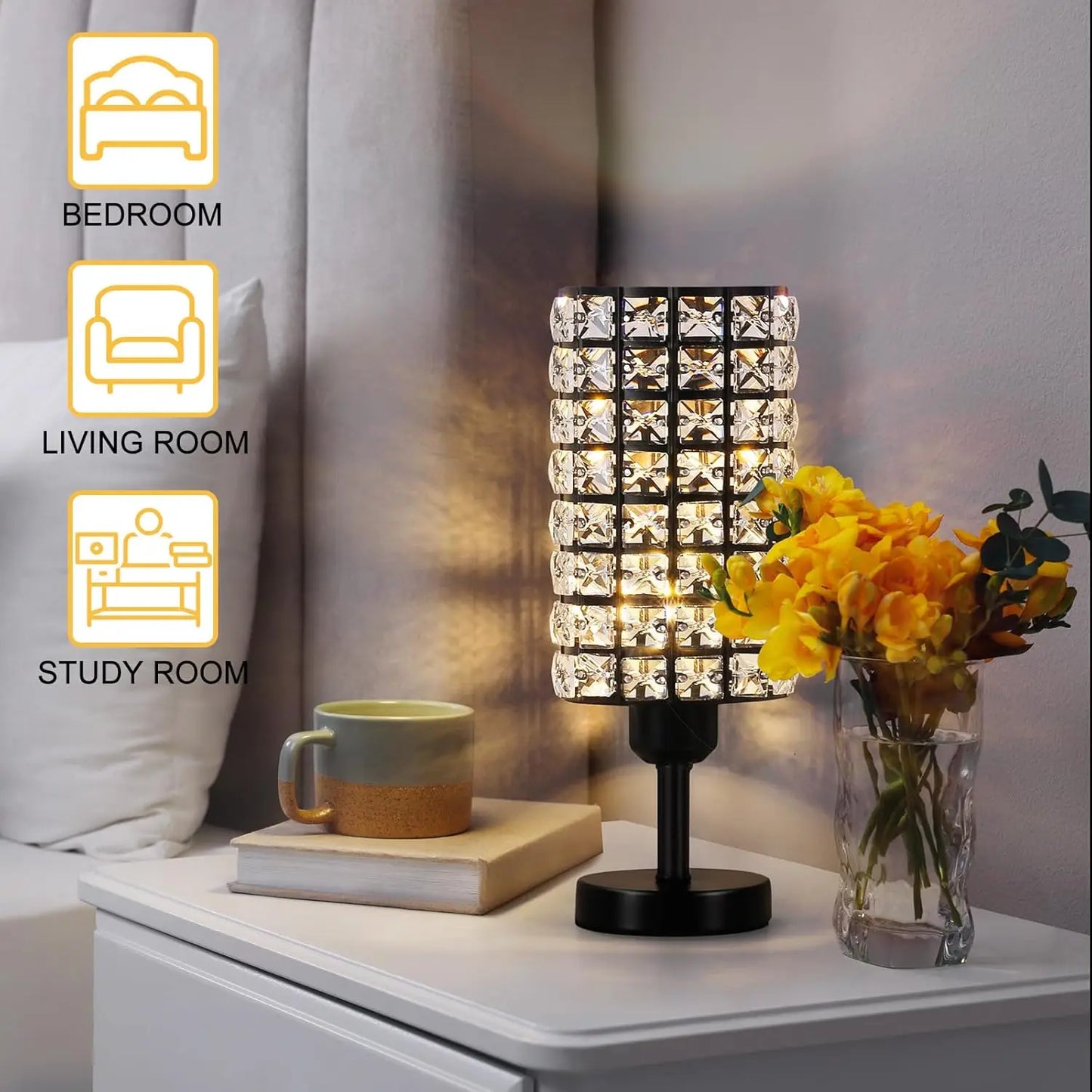Elegant Crystal Table Lamps Set of 2 Black Modern Bedside Nightstand Lamps