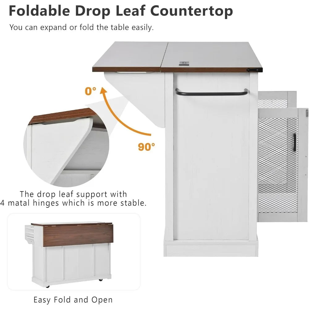 Farmhouse Kitchen Island Cart on Wheels with Drop Leaf & Power Outlet, Sliding Barn Door Storage Cabinet Breakfast Bar