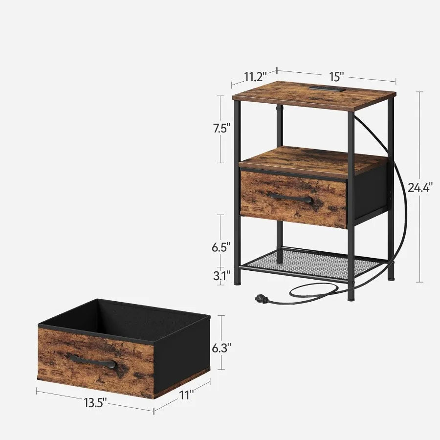 Night Stand Set Two End Tables With Charging Station