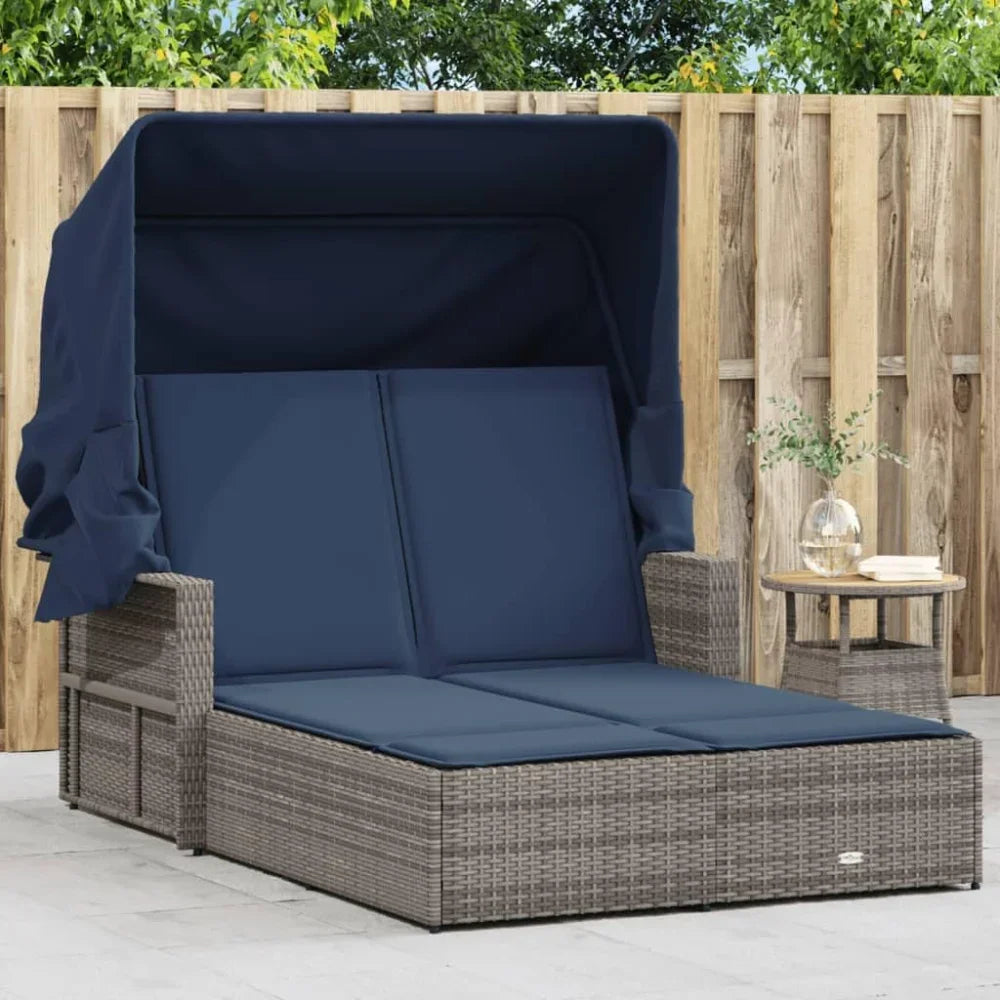 Outdoor Wicker Sun Lounger With Folding Canopy For Patio Garden