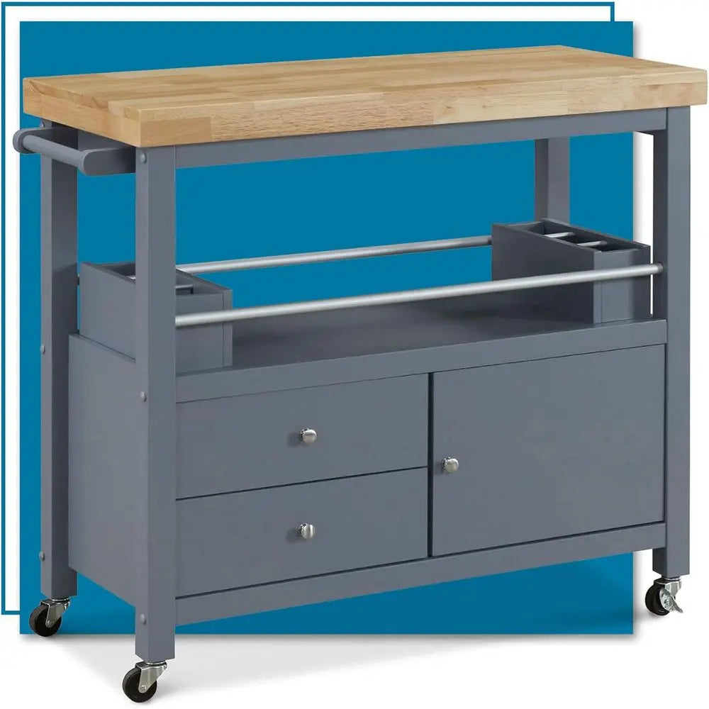 Anson Kitchen Island Bar Cart with Storage, Butcher Block Table, Rolling Wheels and Portable Cabinet Organization or Home Aparen