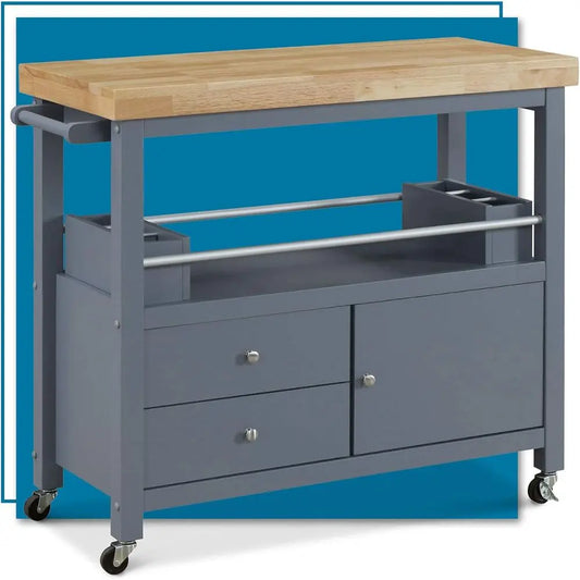 Anson Kitchen Island Bar Cart with Storage, Butcher Block Table, Rolling Wheels and Portable Cabinet Organization or Home Aparen
