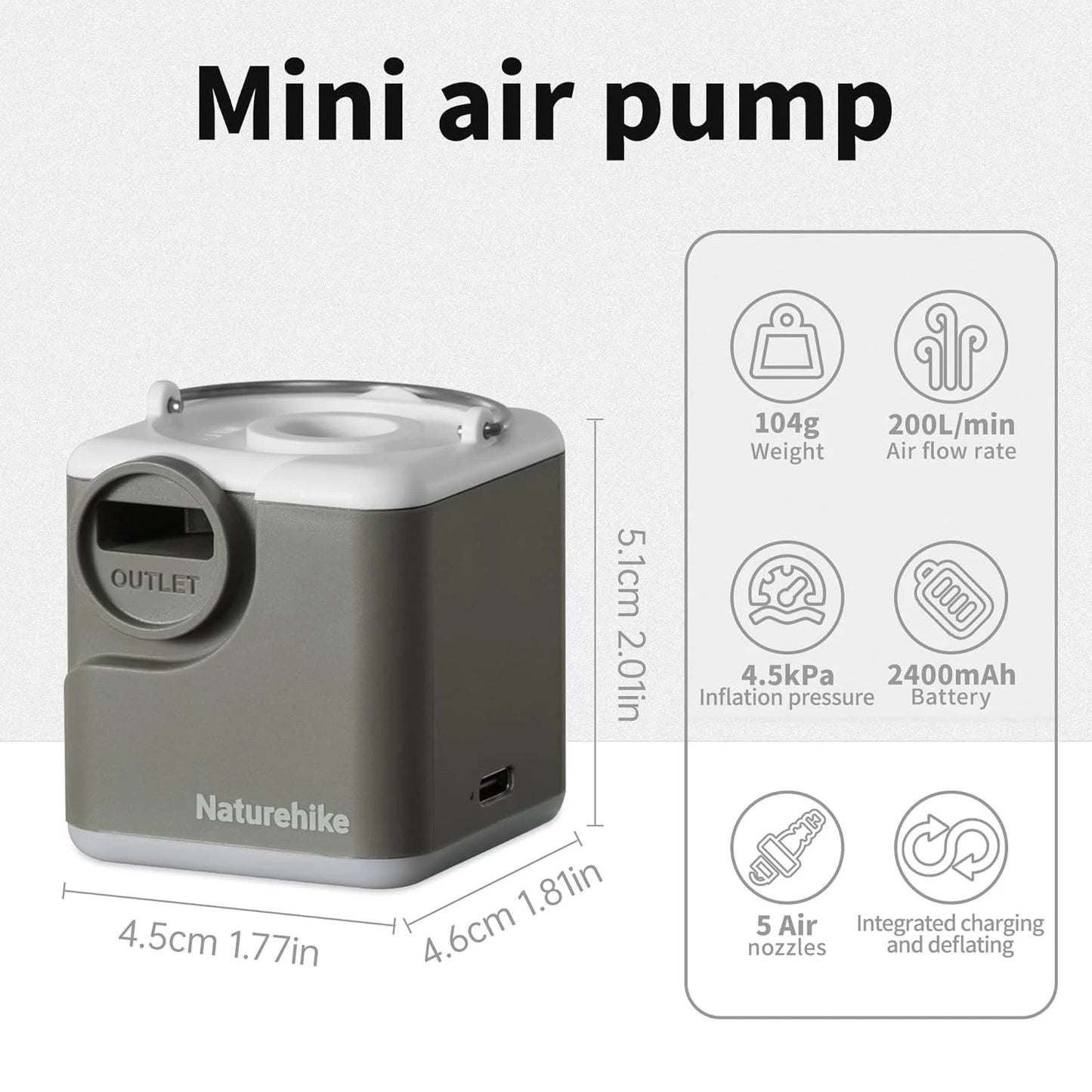 Naturehike Wind-Mini Air Pump 1600mAh USB-C Rechargeable Mini Air Pump with Light Portable Electric Air Pump for Air Mattresses Inflator/Deflator Pump