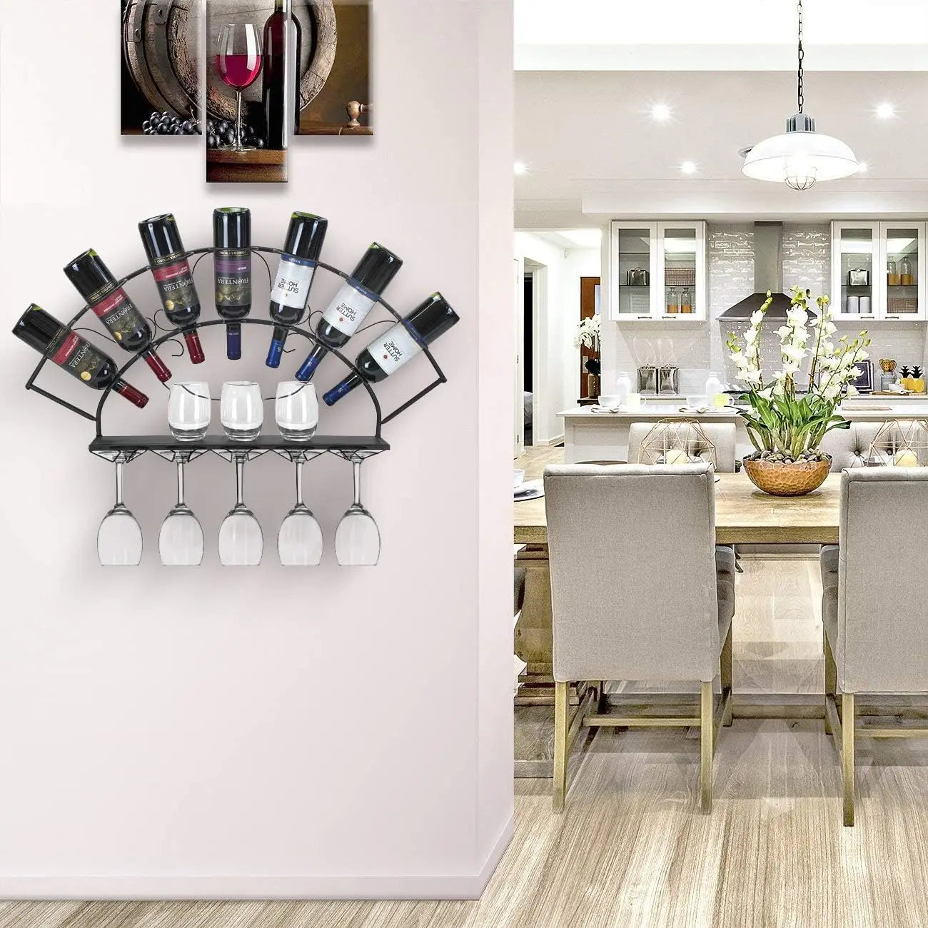 Wall Mounted Wine Bottle and Glass Rack Holds 7 Bottles and 5 Glasses