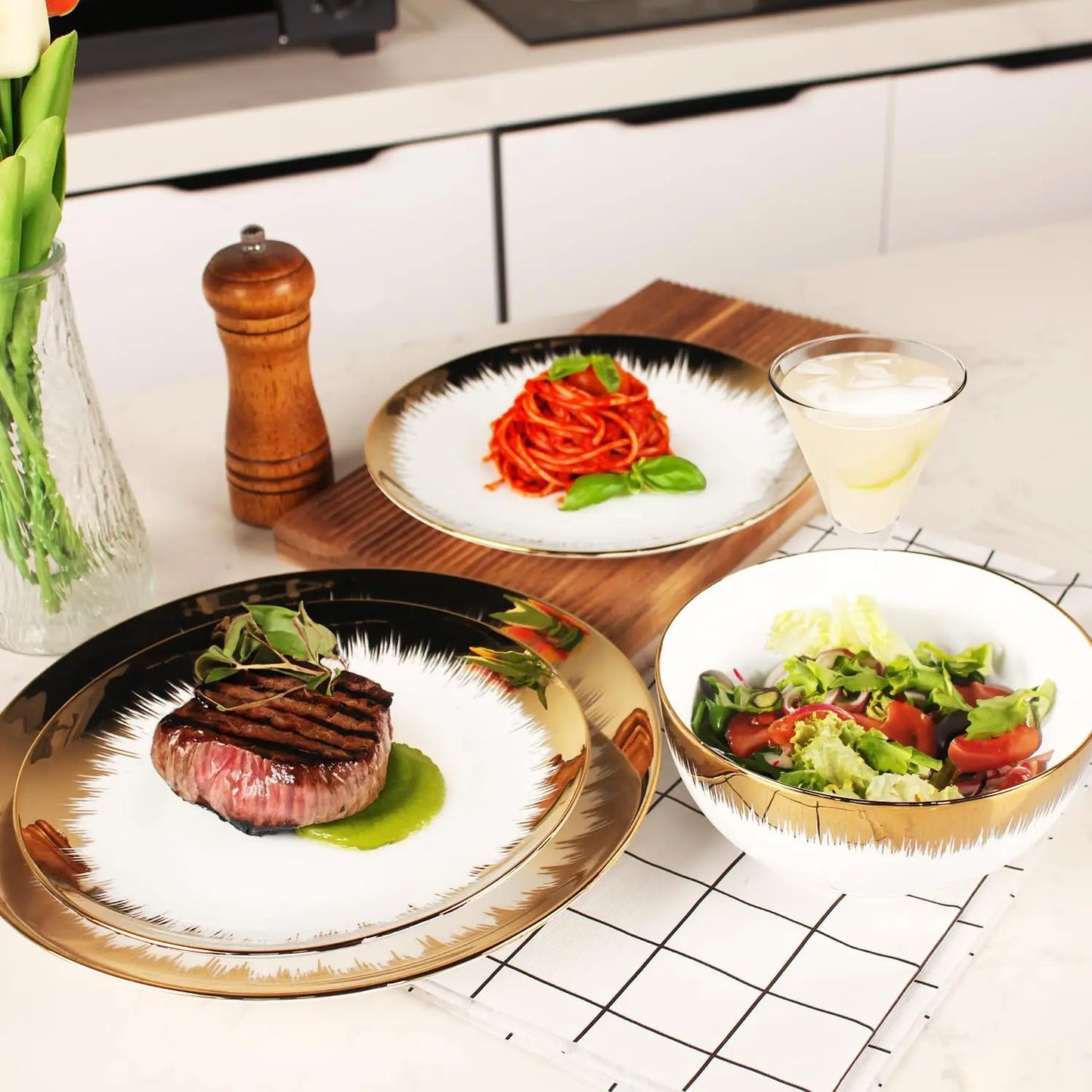 Dinnerware Sets(12Pcs) Serves for 4, Modern Dinnerware, Gilded Edge Plates and Bowls Set with 8.3"Small Plate 10.2"dinne
