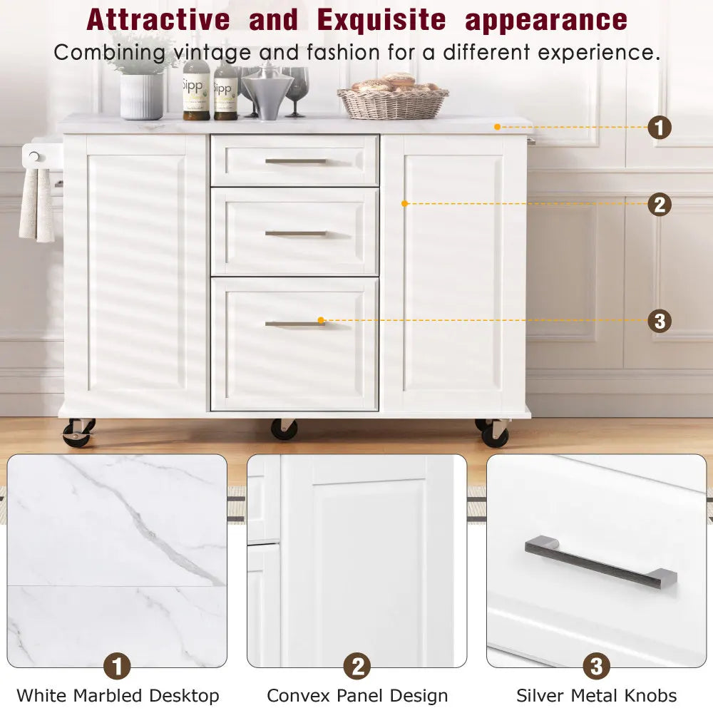 50.7" Kitchen Island with Storage Tilt Trash Can Cabinet and Pull Out Cabinet Organizer, Rolling Kitchen Island with 5 Wheels