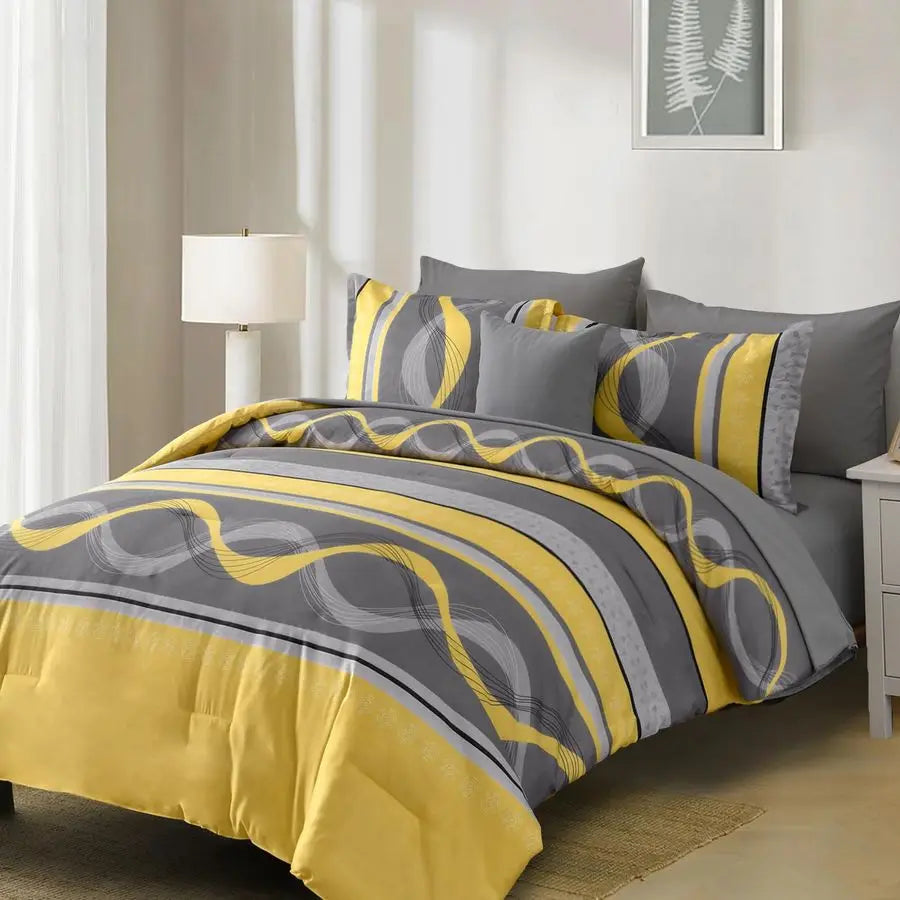 Yellow Comforter Set Queen Size,8 Pieces Bed in a Bag Patchwork Striped Bedding Sets,Boho Soft Microfiber Bedding Set for All Se