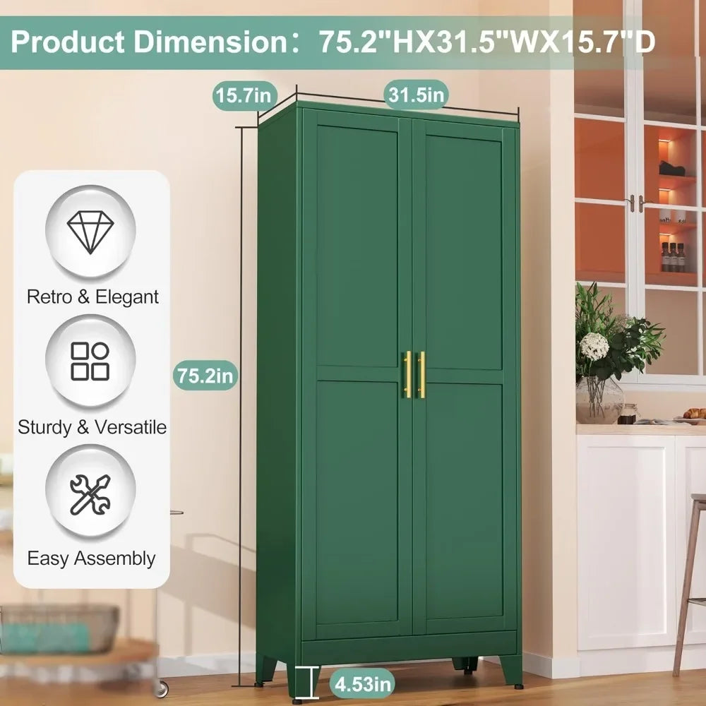 Metal Pantry Cabinet with 2 Doors and 5 Adjustable Shelves, 75" Kitchen Storage cabinets with Gold Handles, Versatile Storag