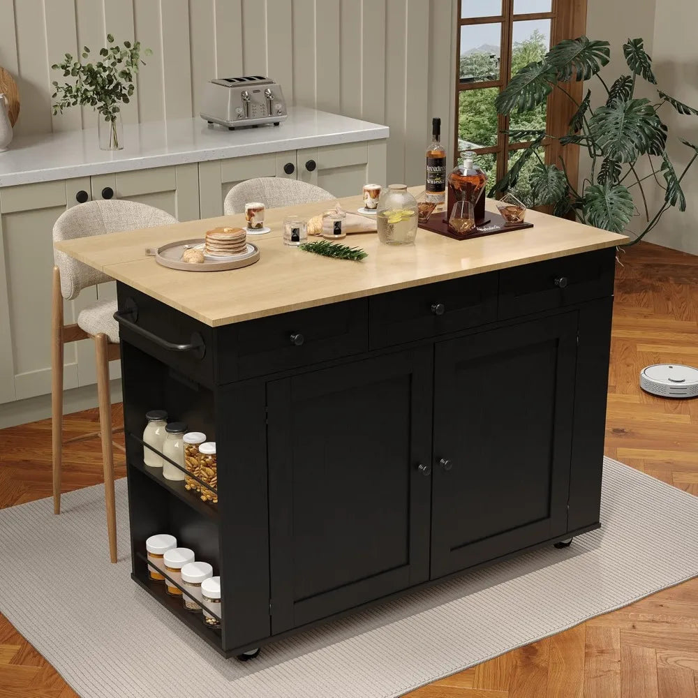 Rolling Kitchen Island Cart with Power Outlet & Drop Leaf, Kitchen Storage Cabinet On Wheels with 3 Drawers, Spice Rack & Towel