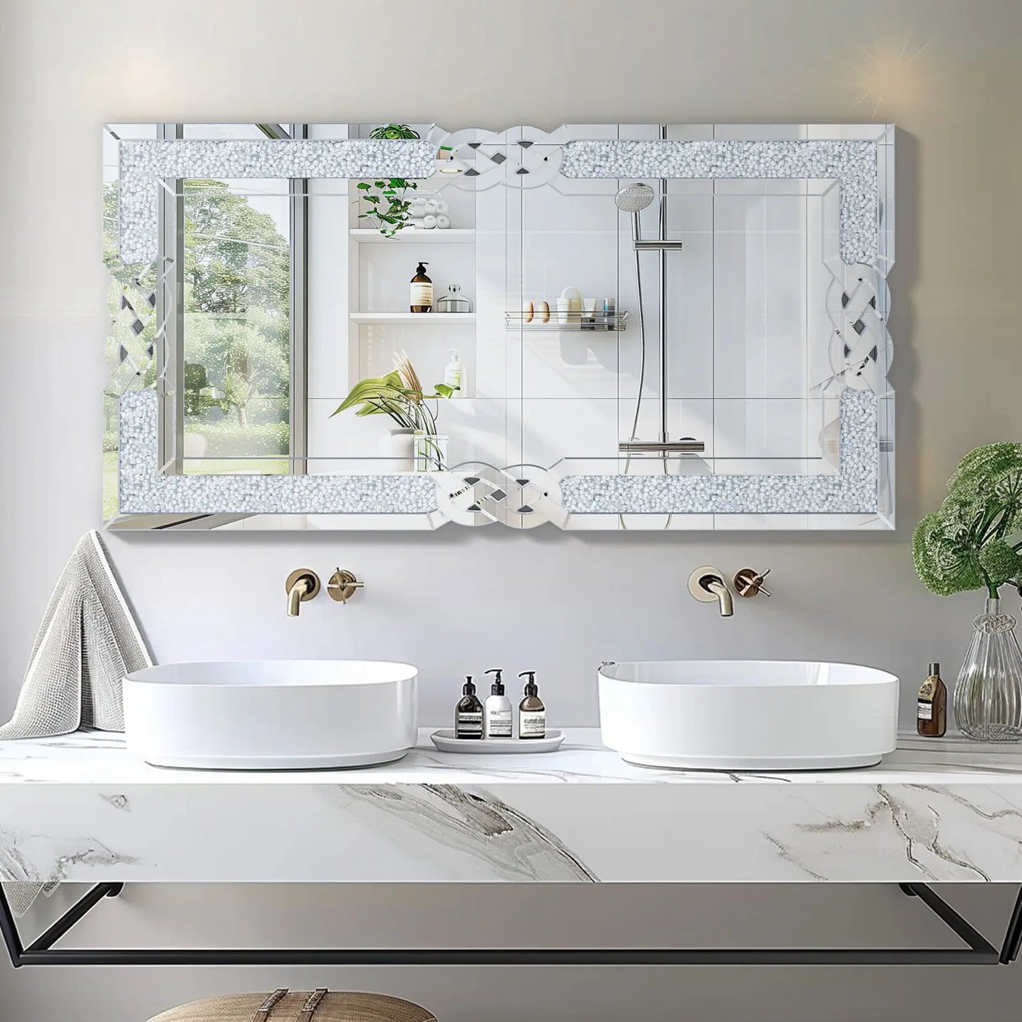 Wisfor Rectangular Crystal Wall Mirror Diamond-Accent Living Room
