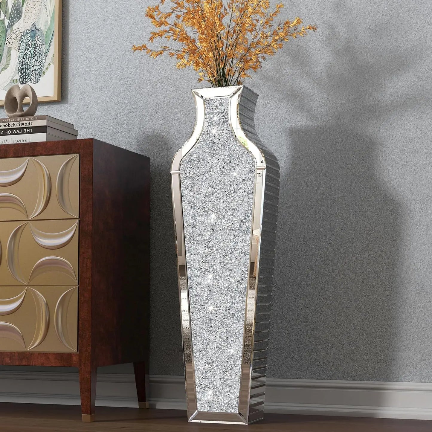 Crushed Diamond Mirrored Floor Vase Glass For Pampas Grass