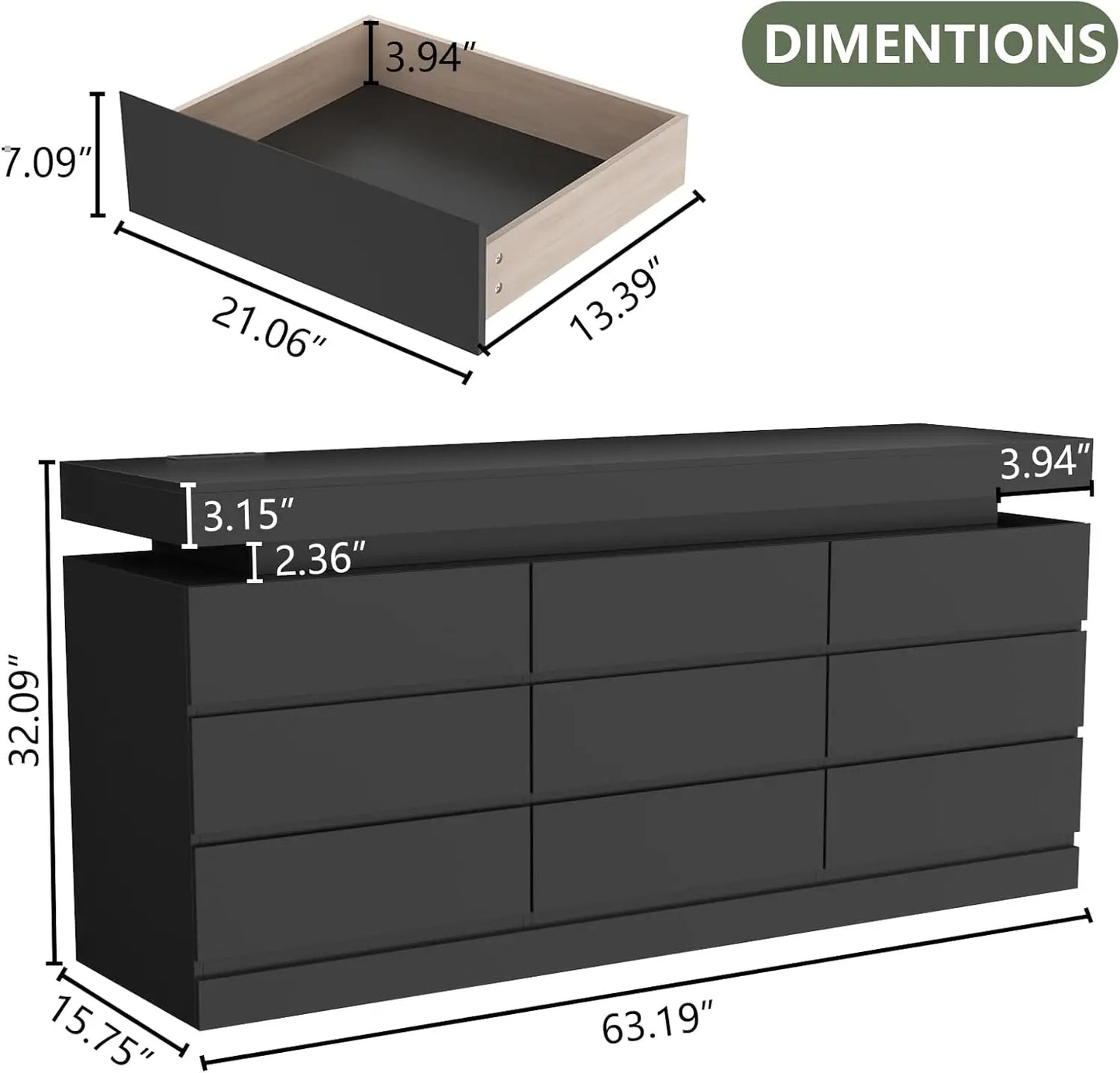 XMSJ 9-Drawer Dresser With Power Outlet And LED Light