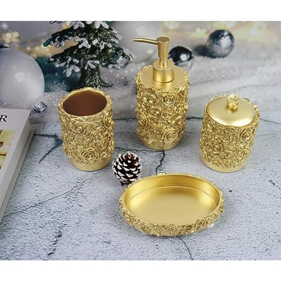 Rose Design Resin Bathroom Accessories Set Four Piece Farmhouse Style