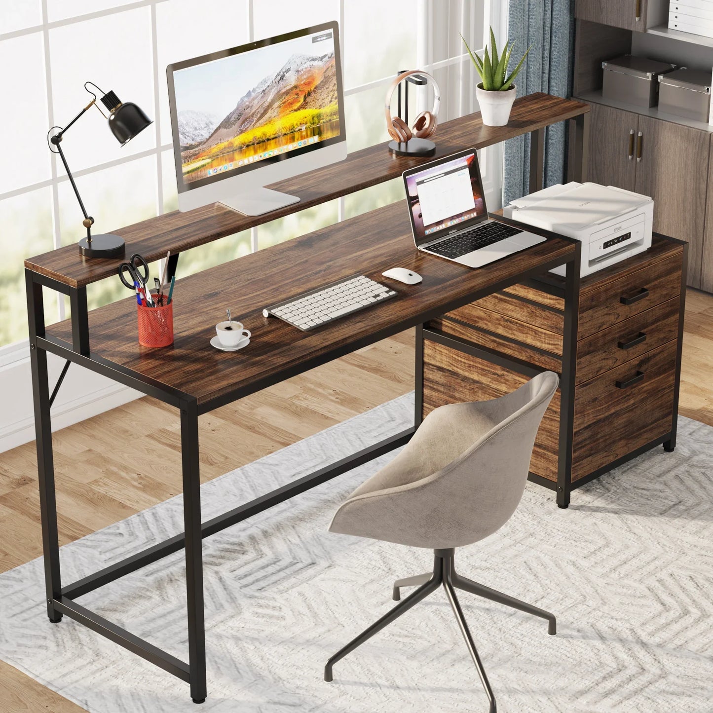 Tribesigns Ergonomic Computer Desk With File Drawer And Monitor Stand