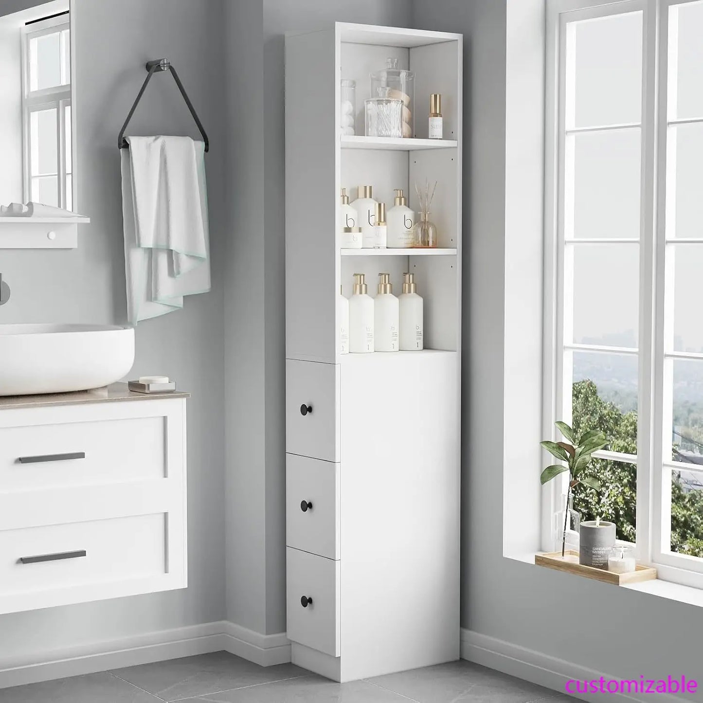 XMSJ Storage Cabinet Tall Narrow Bathroom Organizer With Three Level Shelves