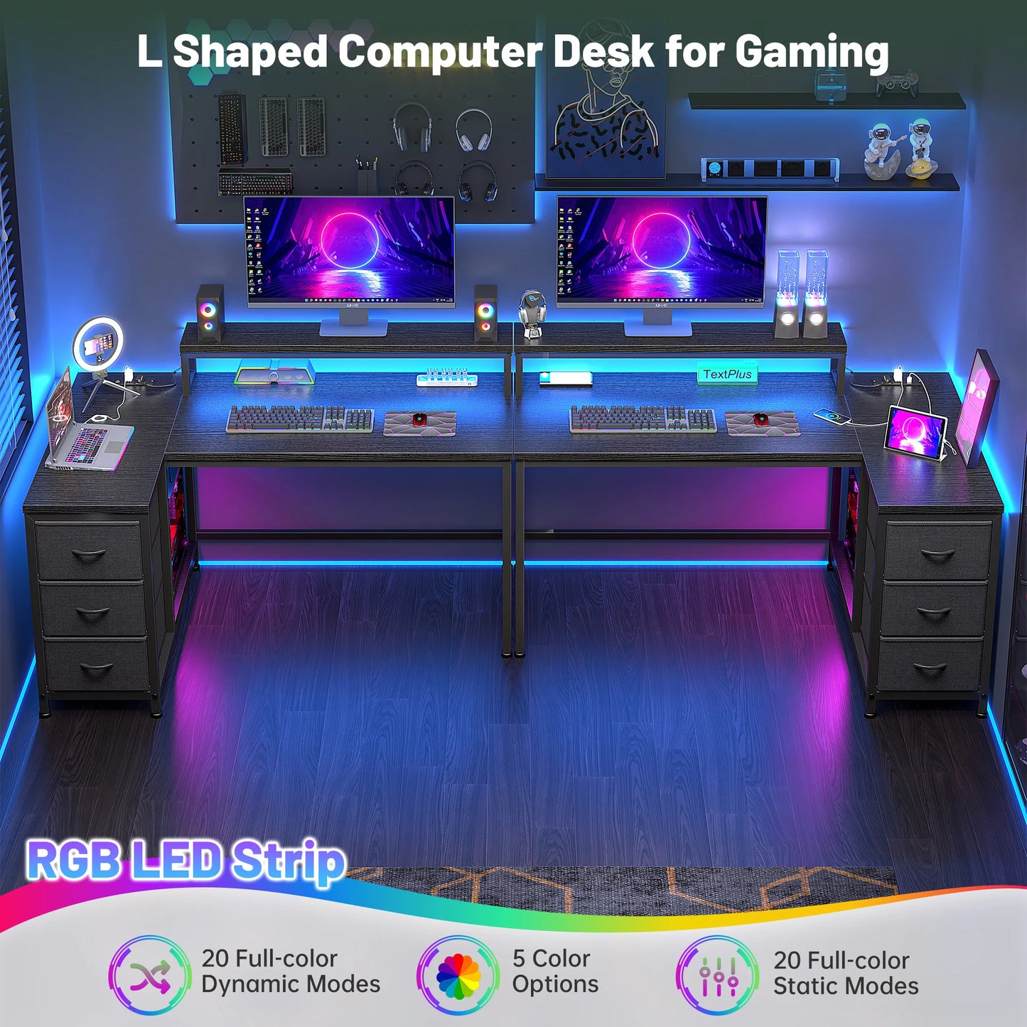 EnHomee L Shaped Computer Desk With LED Lights USB Outlet