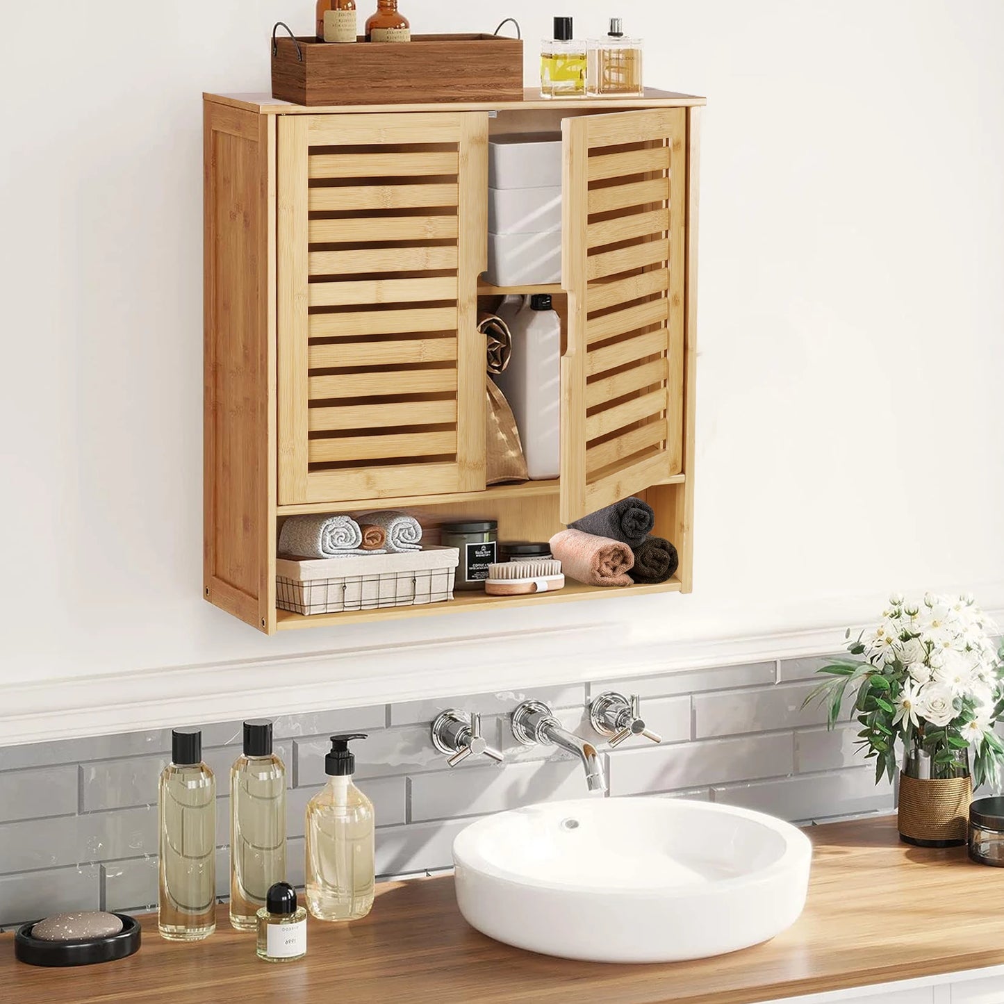 Wisfor Wall Mounted Bamboo Bathroom Medicine Cabinet Storage