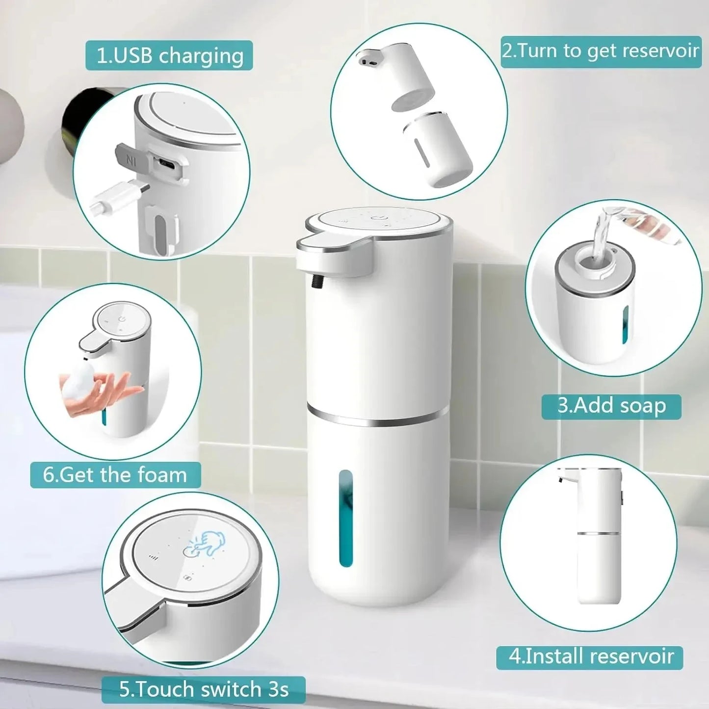 Touchless Foaming Soap Dispenser USB Rechargeable Automatic 4 Level Foam