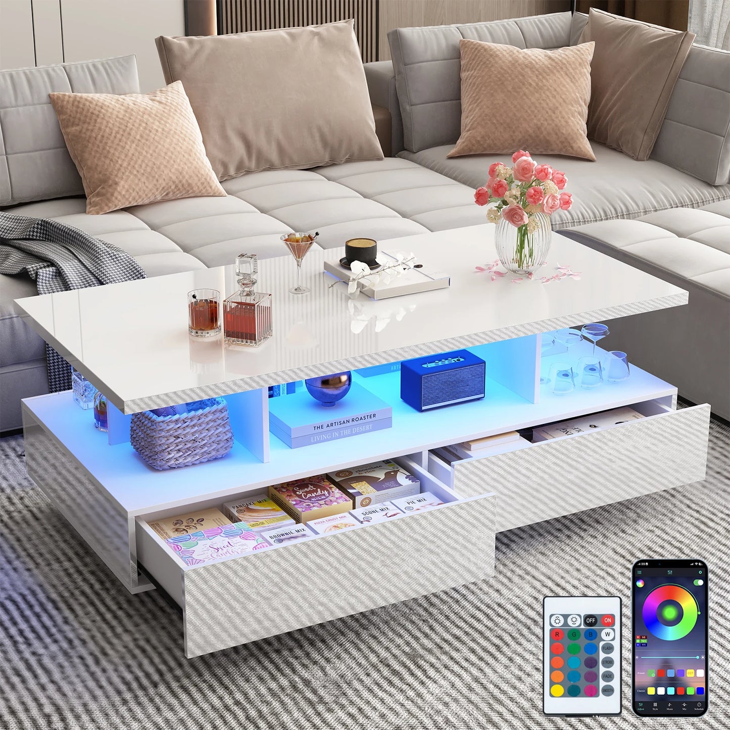 QiaoShiRen Modern LED Coffee Table With Two Storage Drawers