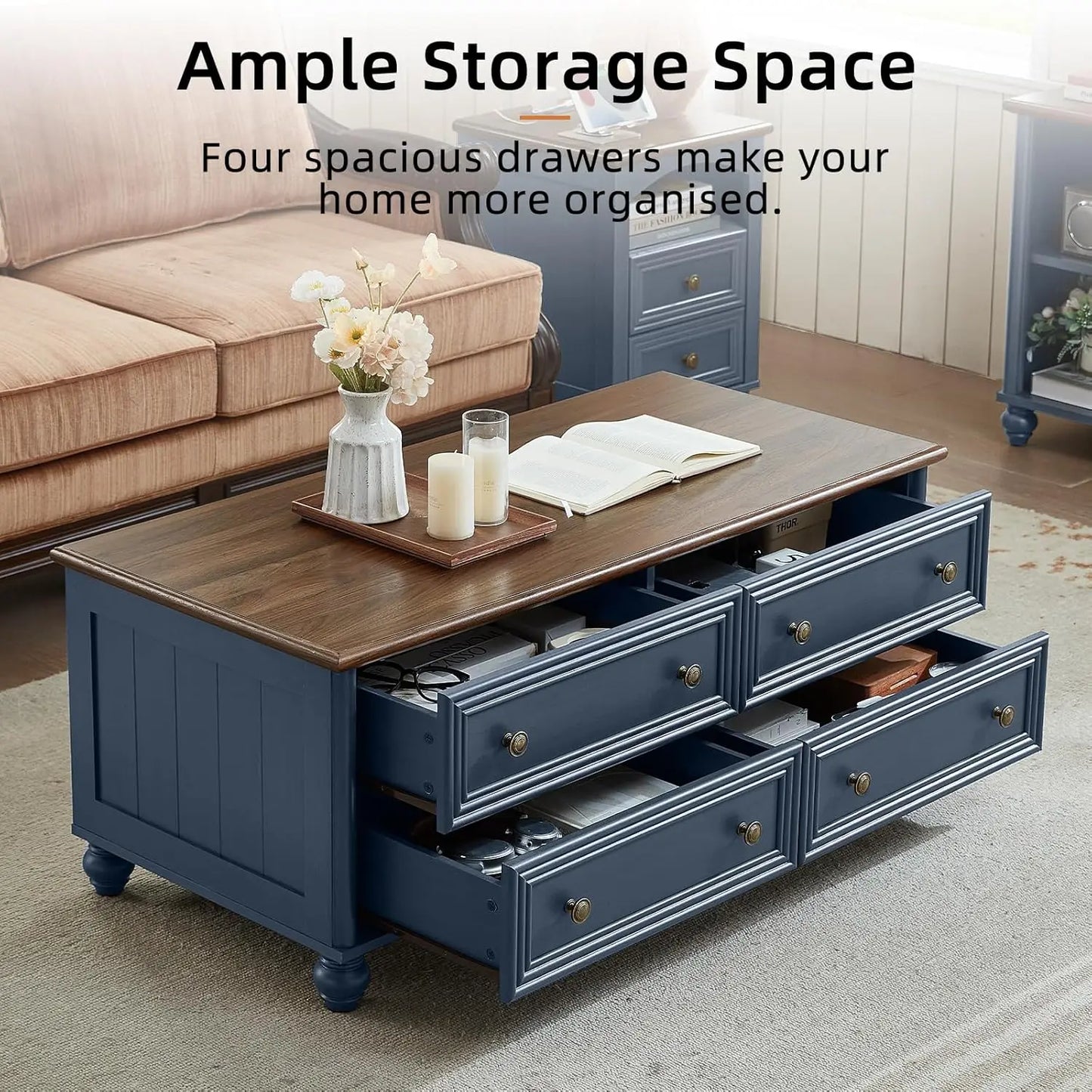 HUANZHUANG Farmhouse Coffee Table With Hidden Storage And 4 Drawers Solid Wood