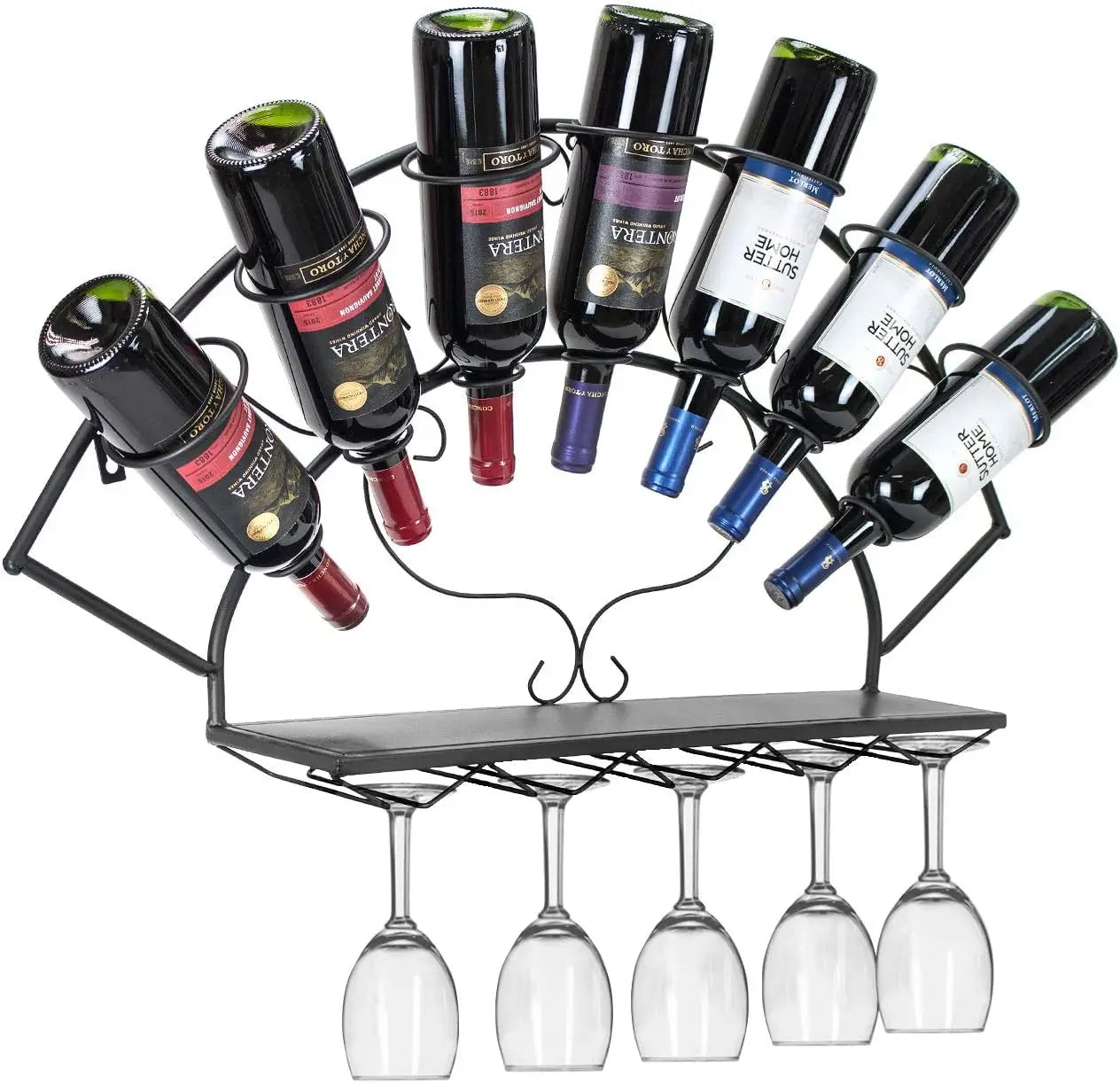 Wall Mounted Wine Bottle and Glass Rack Holds 7 Bottles and 5 Glasses