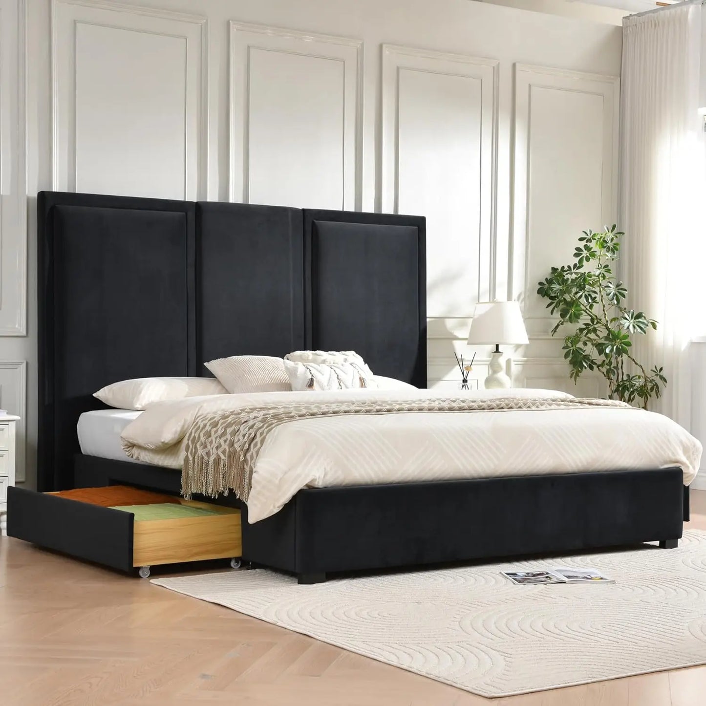 Linen Upholstered Platform Bed Frame With Storage And Headboard