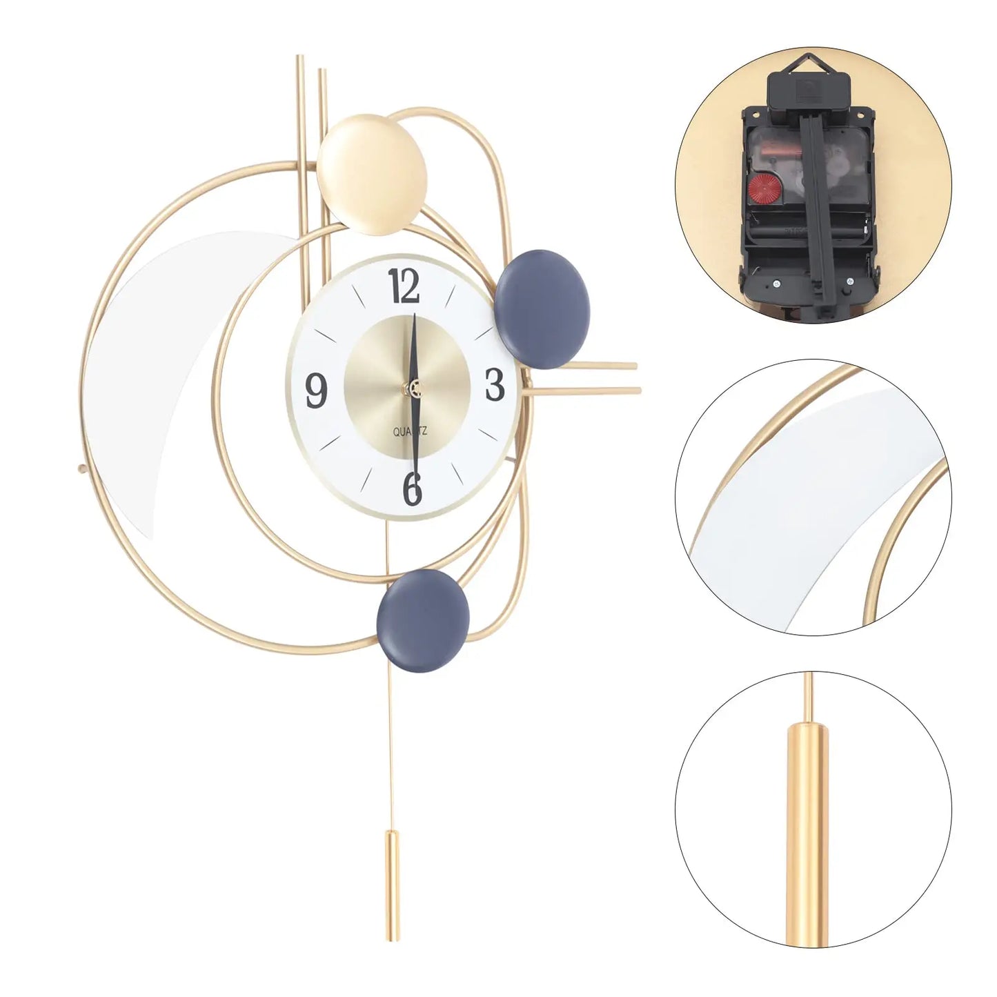 Modern Metal Wall Clock With Silent Quartz Movement And Swing Pendulum