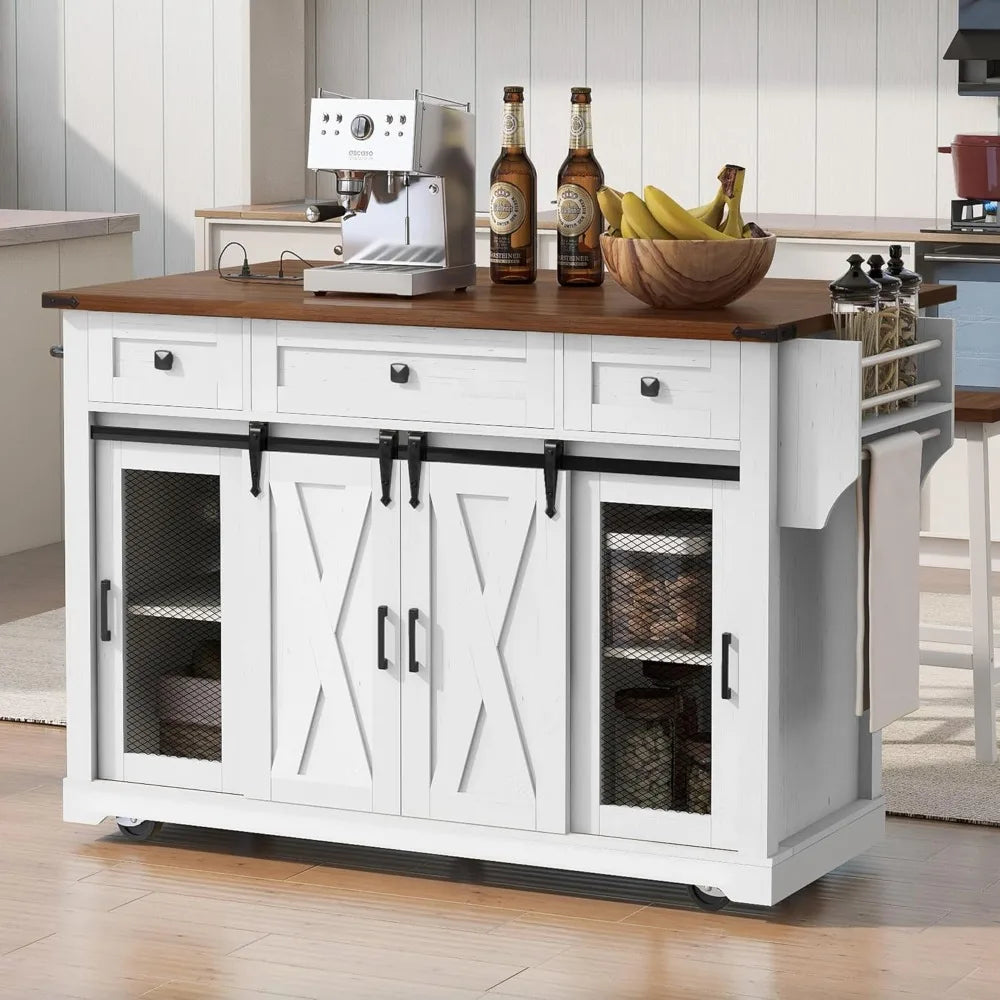 Farmhouse Kitchen Island Cart on Wheels with Drop Leaf & Power Outlet, Sliding Barn Door Storage Cabinet Breakfast Bar