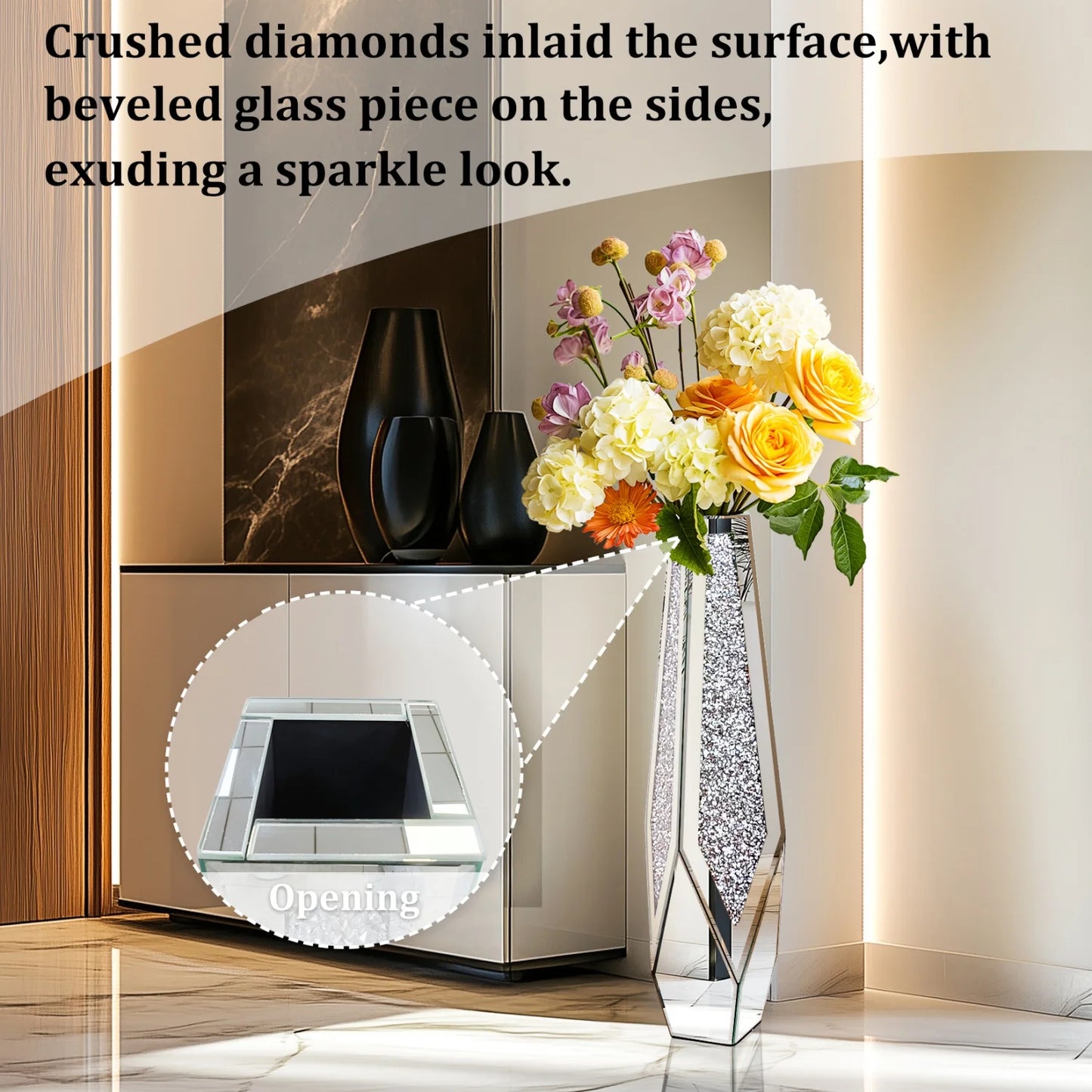 Crushed Diamond Mirrored Floor Vase Glass For Pampas Grass