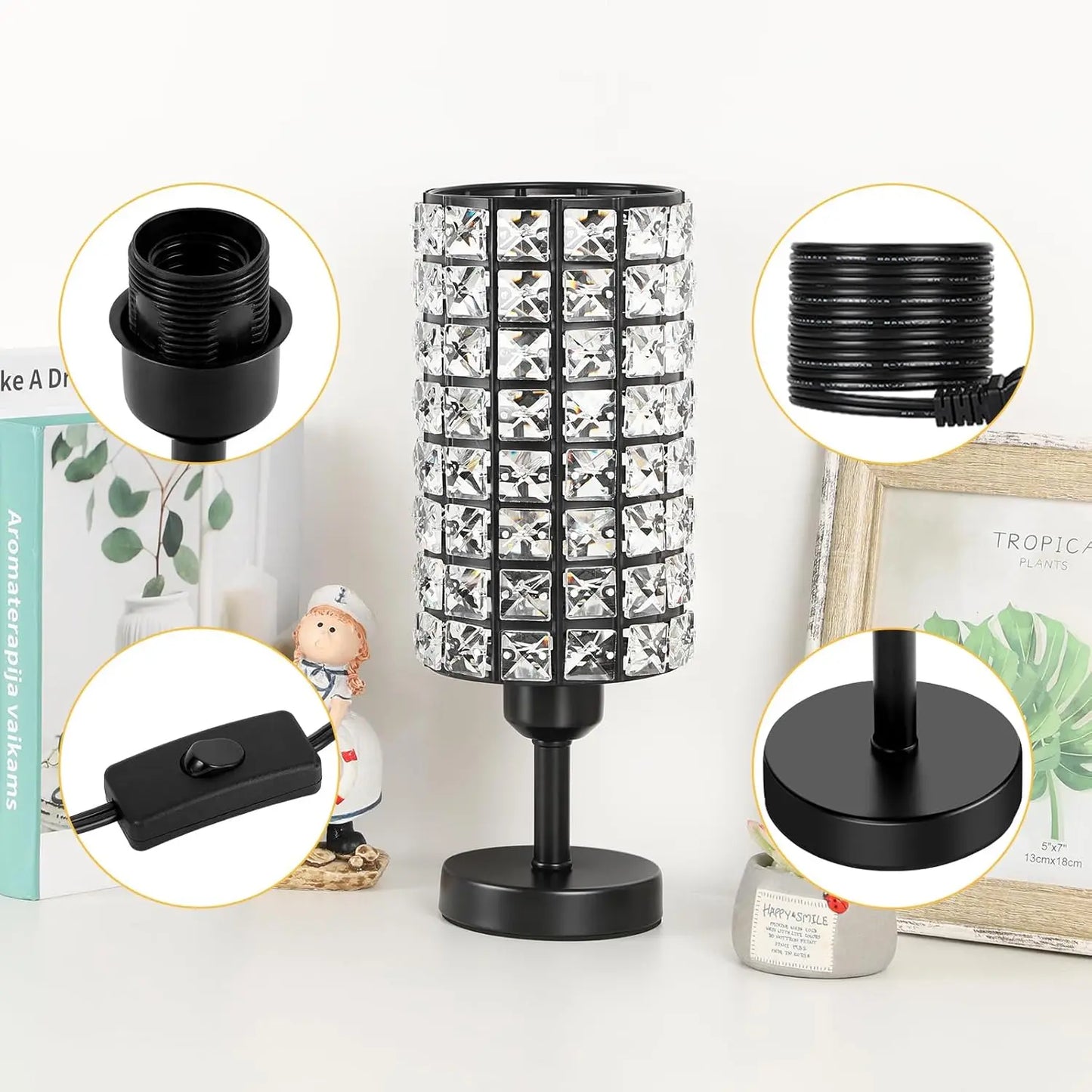 Elegant Crystal Table Lamps Set of 2 Black Modern Bedside Nightstand Lamps
