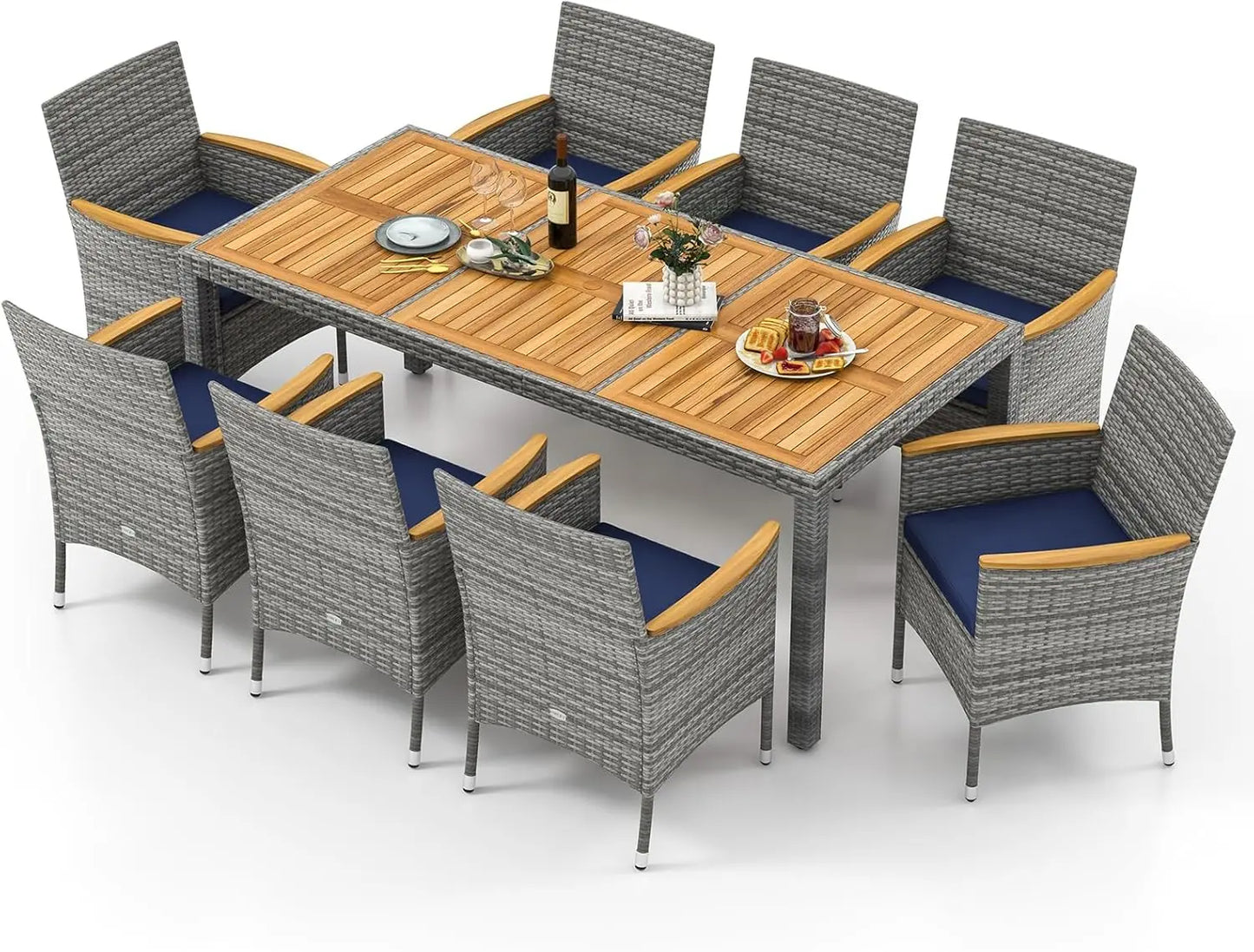 Rattan Outdoor Dining Set 9 Pieces With Cushioned Wicker Chairs