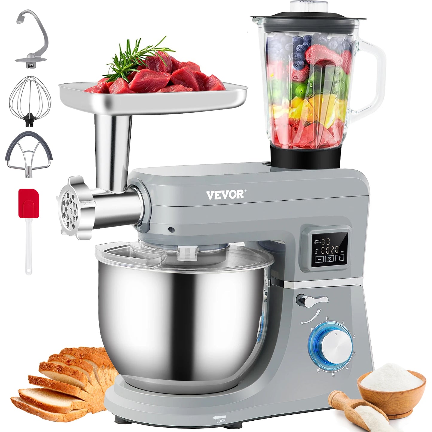 VEVOR 5-In-1 Stand Mixer LCD Timer Stainless Bowl Premium