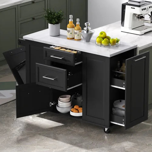 50.7in kitchen island with storage tilt bin cabinet and pull-out cabinet,5-wheel rolling kitchen island with fallen leaves,black