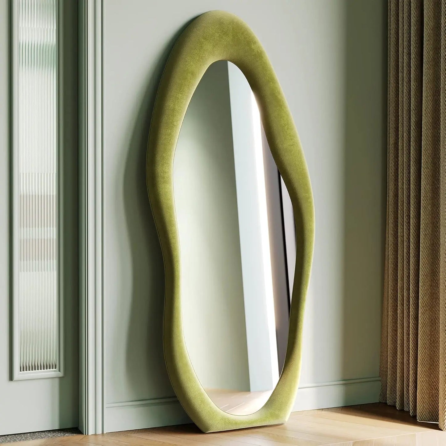Wave Mirror With Wooden Flannel-Wrapped Frame For Bedroom Decor