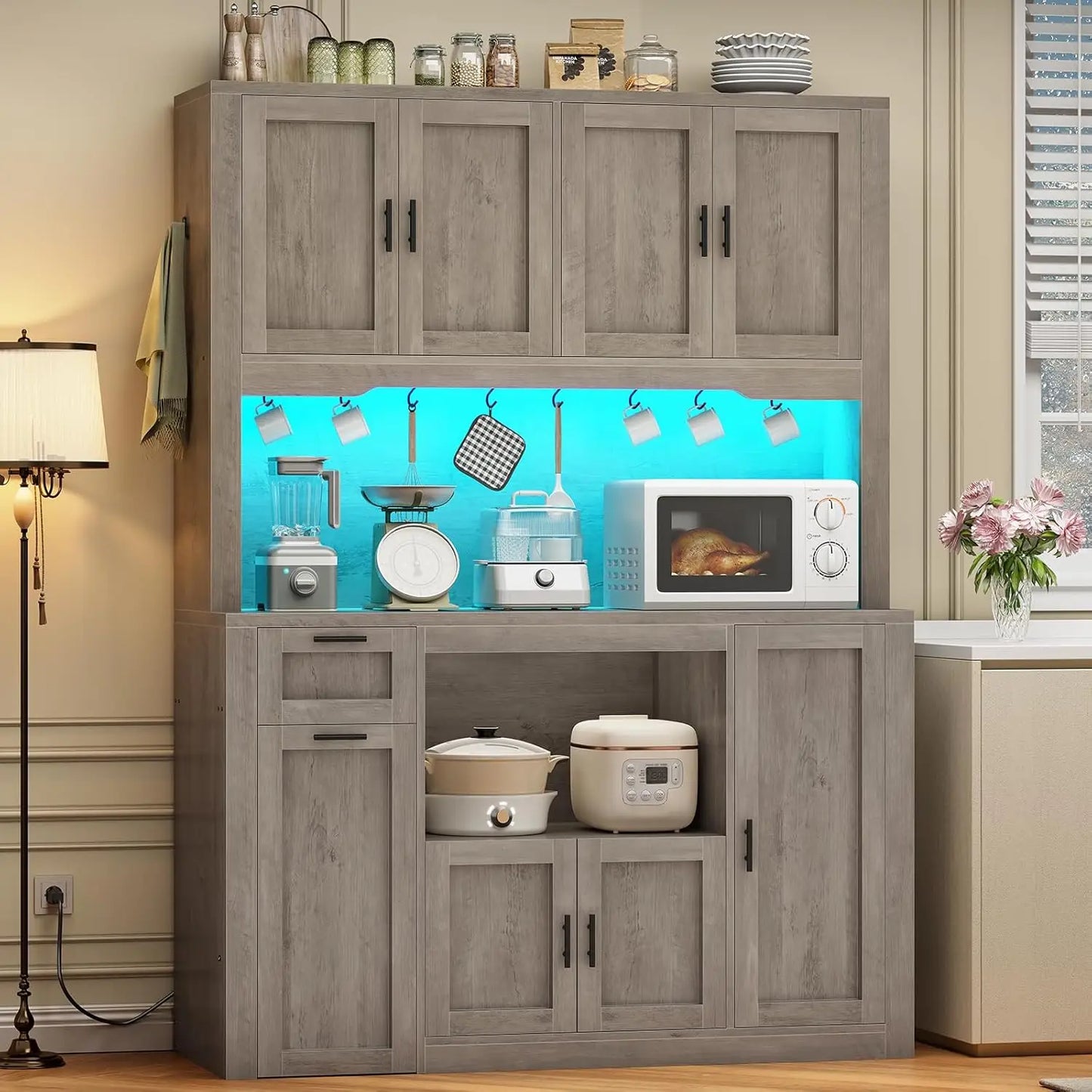 71 Inch Wide Pantry Cabinet with Charging Station And LED Light Kitchen Storage with Microwave Stand Design，Customized