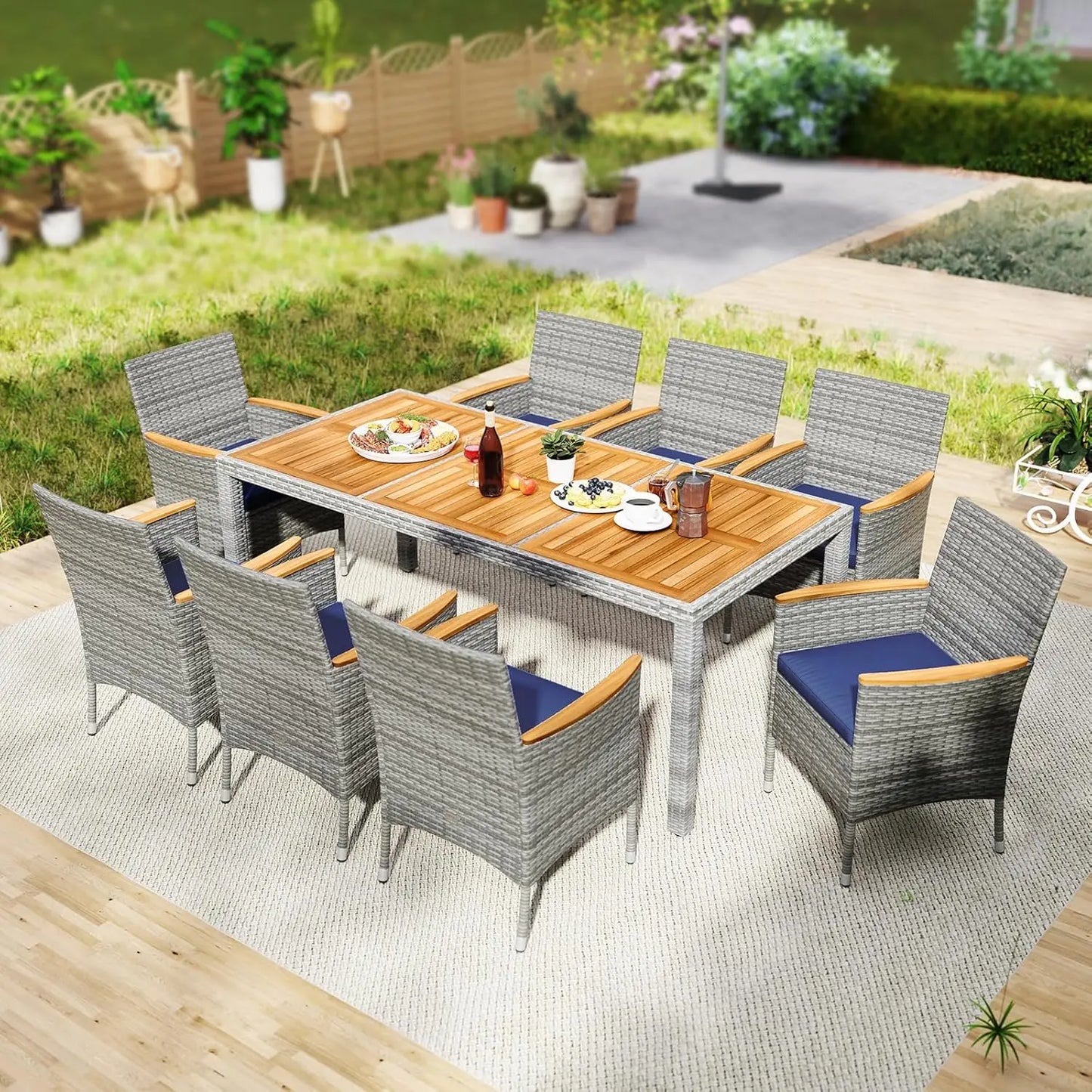 Rattan Outdoor Dining Set 9 Pieces With Cushioned Wicker Chairs