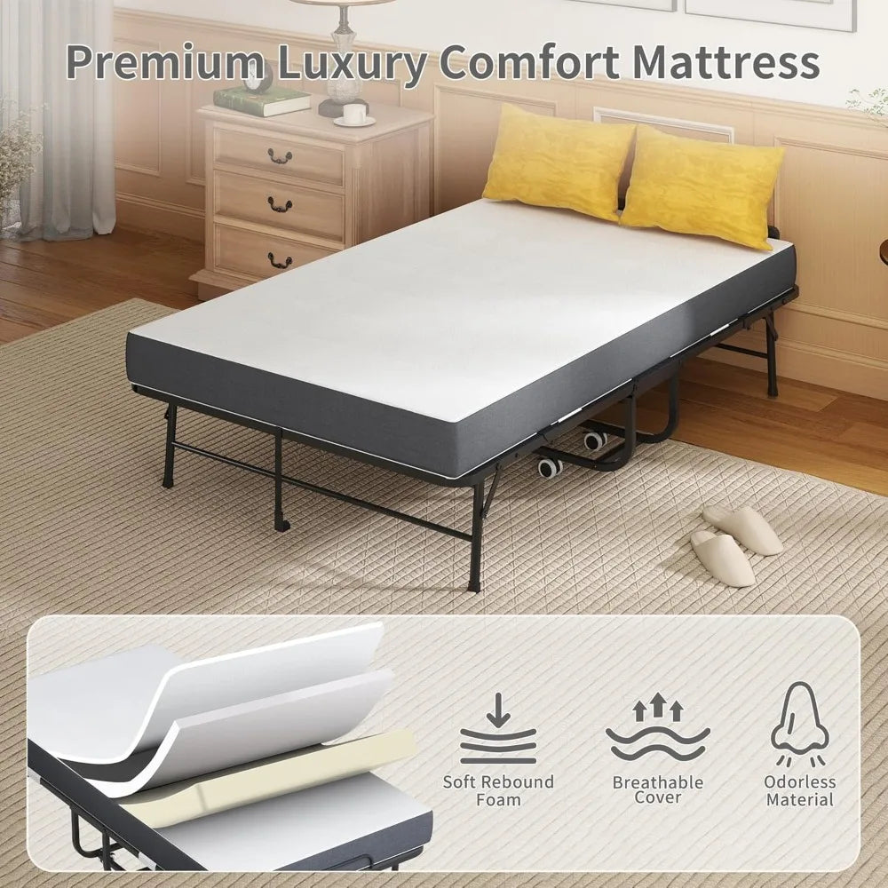 RBXC Folding Bed With Mattress Rollaway Headboard Sturdy Metal Frame