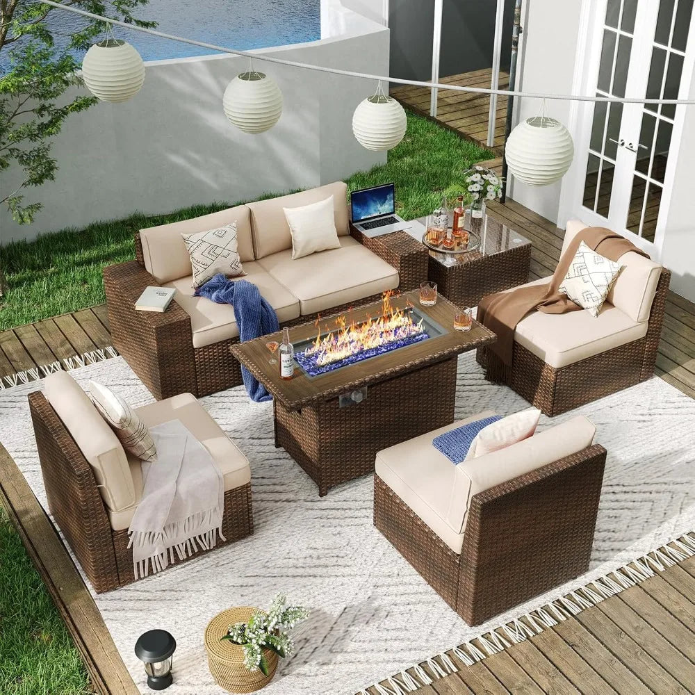 Outdoor 7 Piece Patio Furniture Set With Fire Pit Table And Cushions