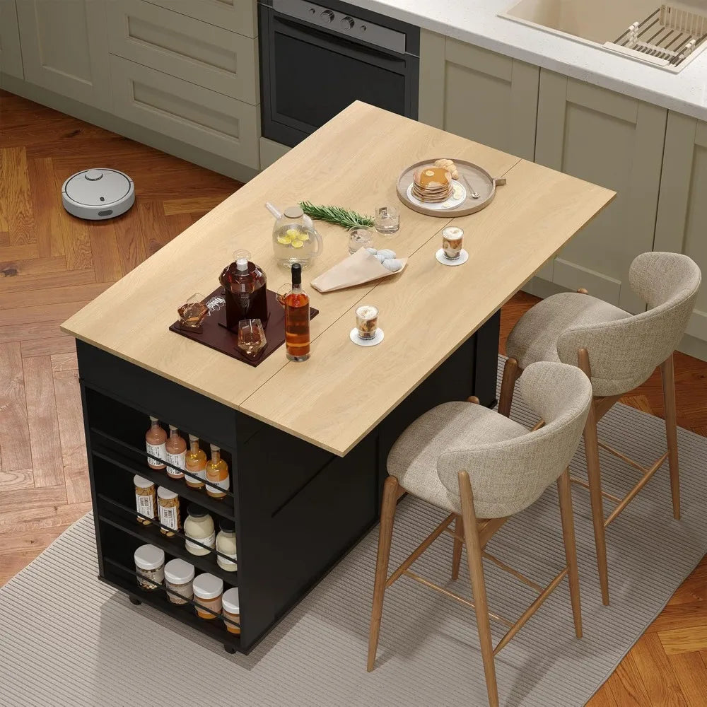 Rolling Kitchen Island Cart with Power Outlet & Drop Leaf, Kitchen Storage Cabinet On Wheels with 3 Drawers, Spice Rack & Towel