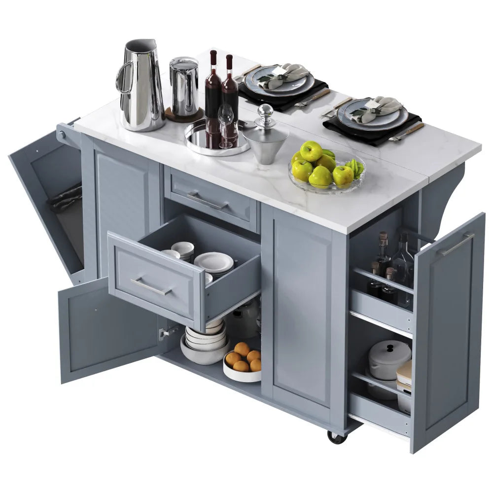 50.7" Kitchen Island with Storage Tilt Trash Can Cabinet and Pull Out Cabinet Organizer, Rolling Kitchen Island with 5 Wheels