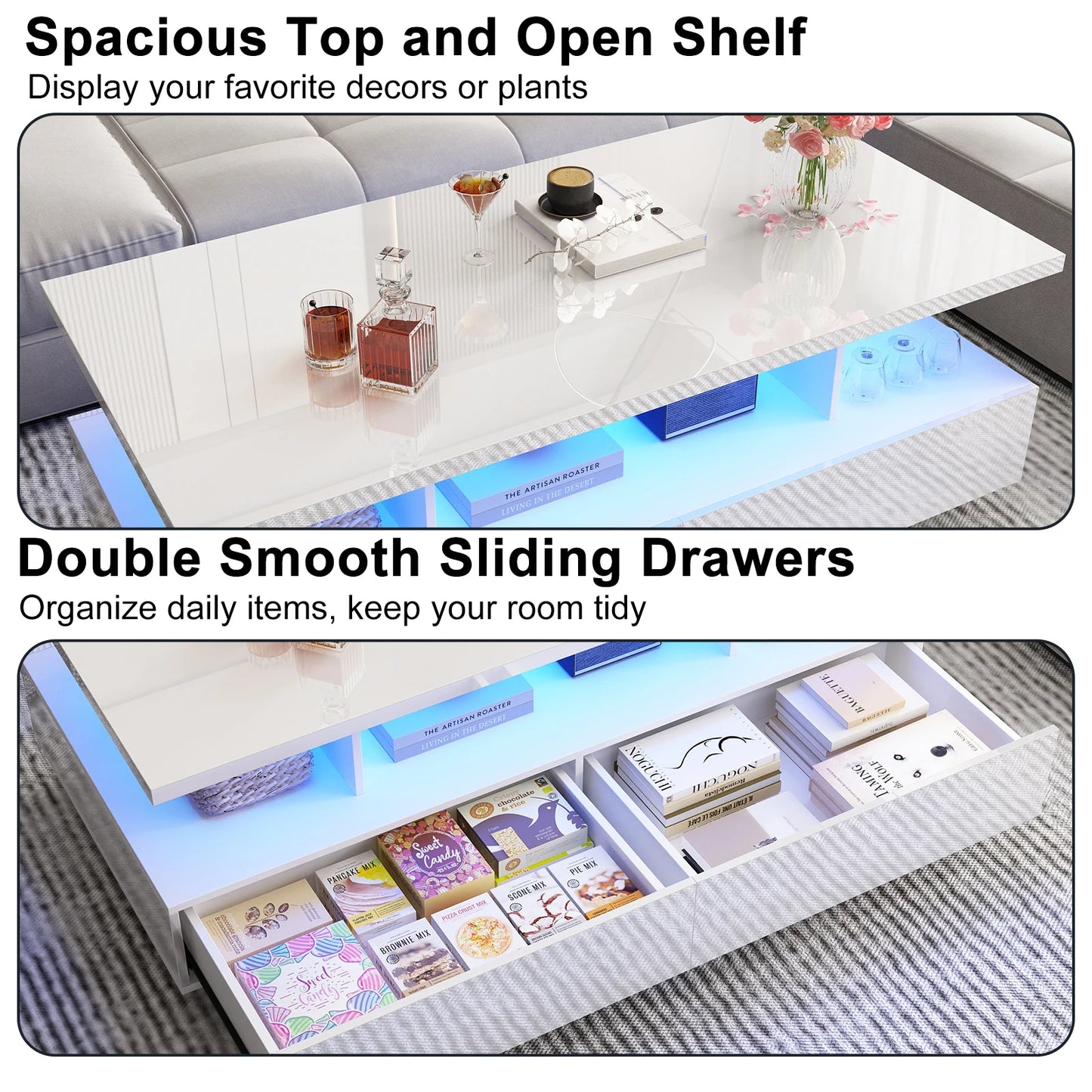QiaoShiRen Modern LED Coffee Table With Two Storage Drawers