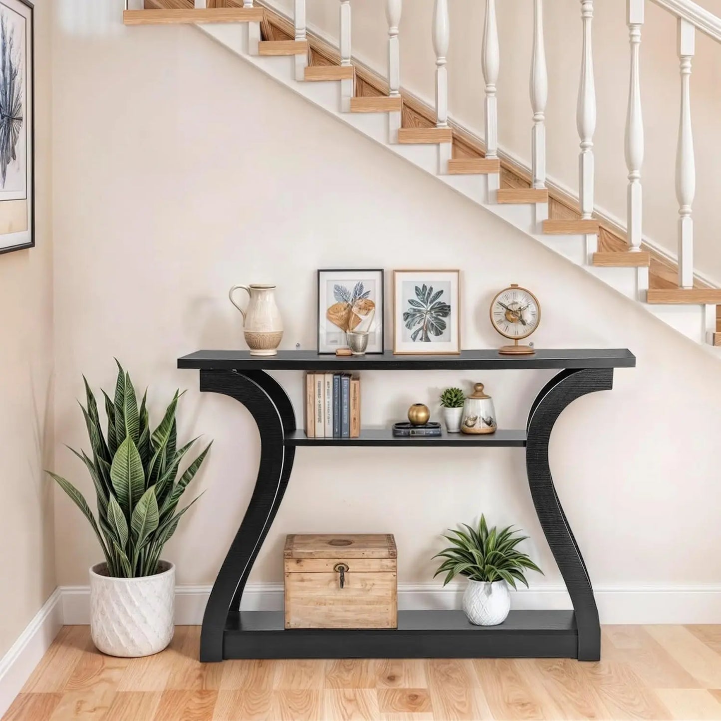 Wood Console Table With Three-Tier Storage Shelves