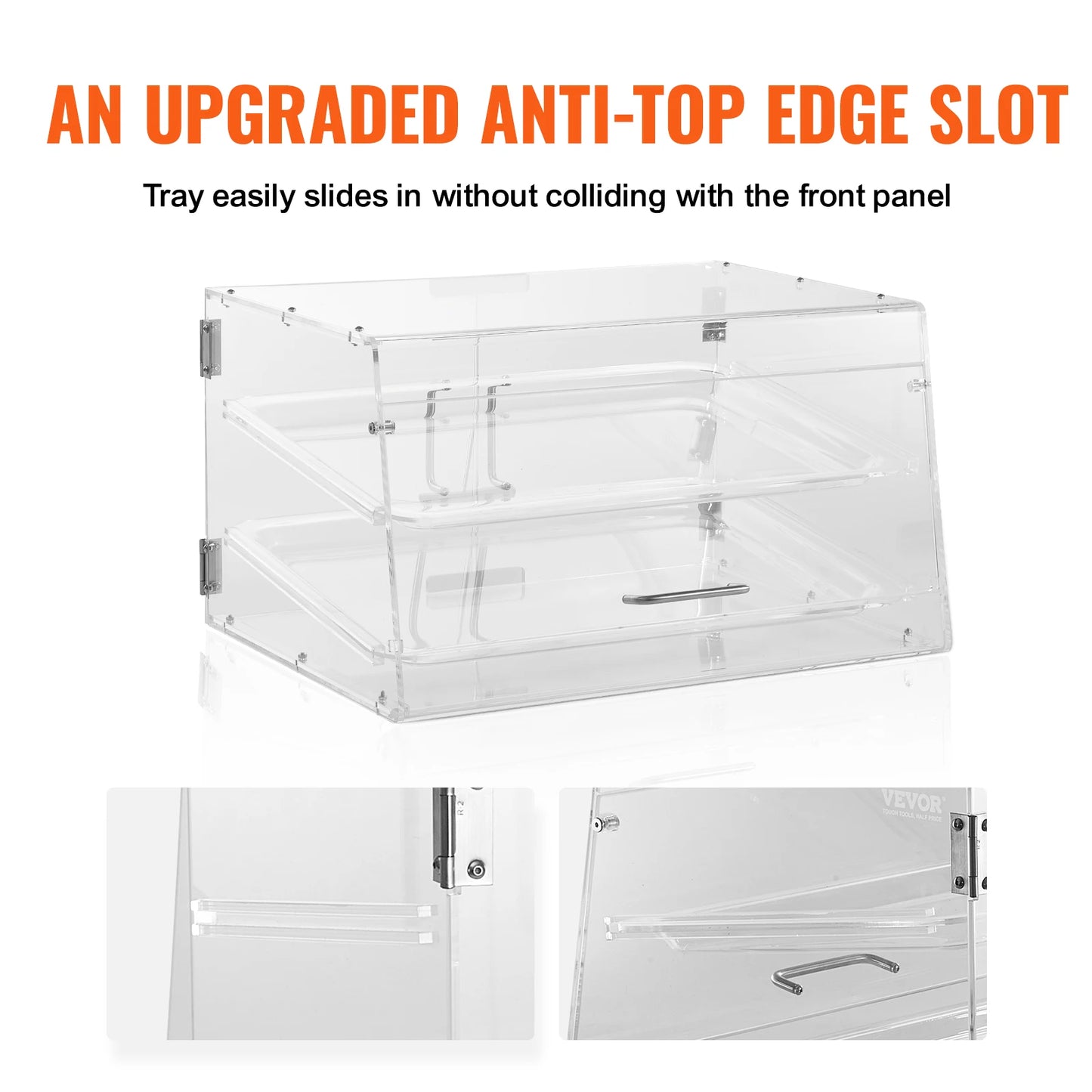 SucceBuy 2 Tray Clear Pastry Display Case Acrylic Commercial Countertop Bakery Display Case with Front and Rear Door for Bread