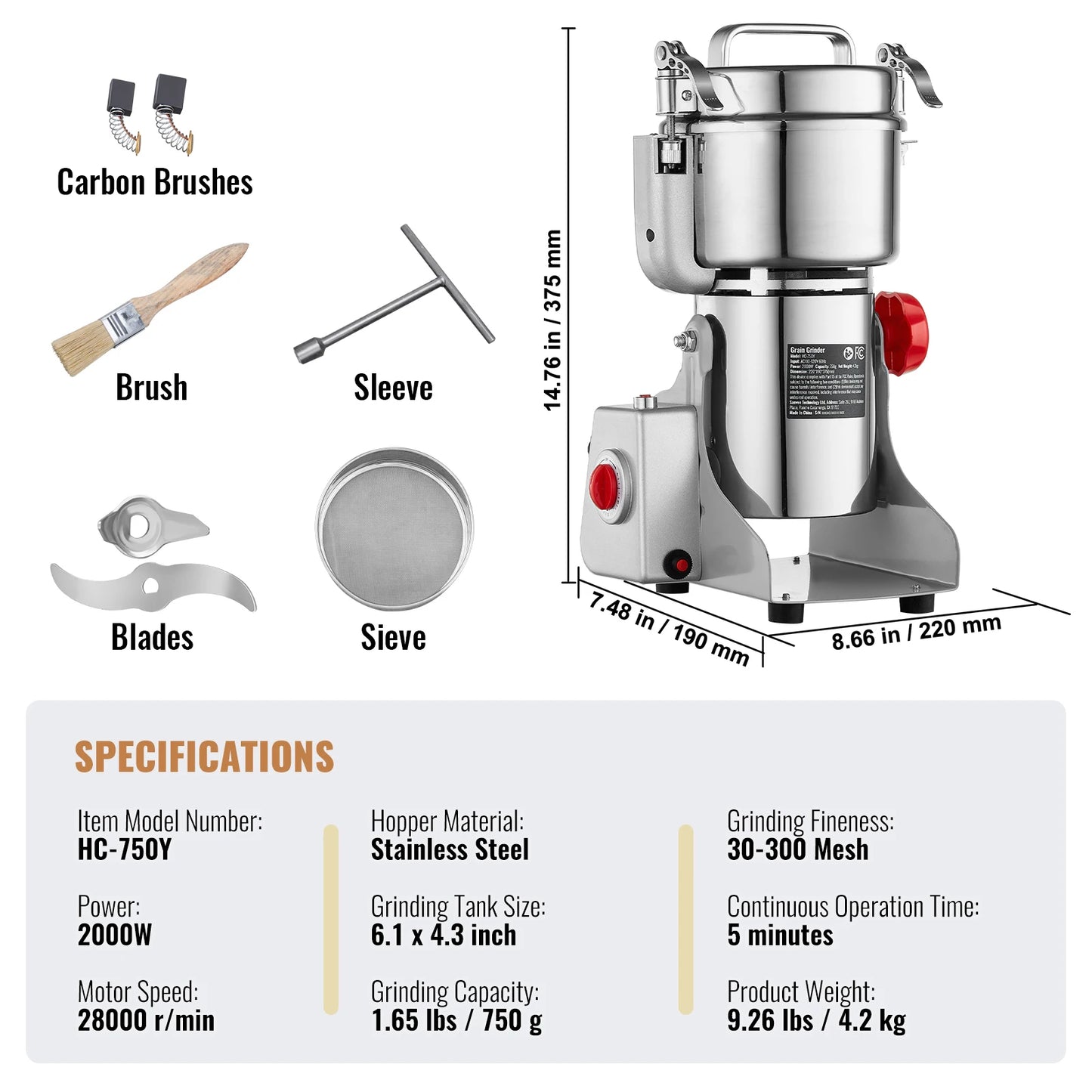 VEVOR Electric Grain Mill Grinder For Herbs Spices Cereals Coffee