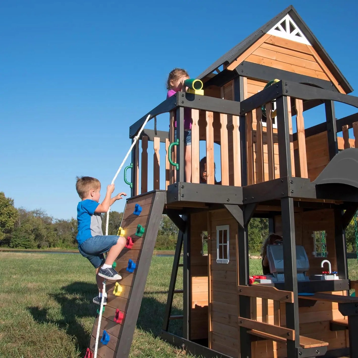 Cedar Wood Swing Set With Wave Slide and Play Kitchen