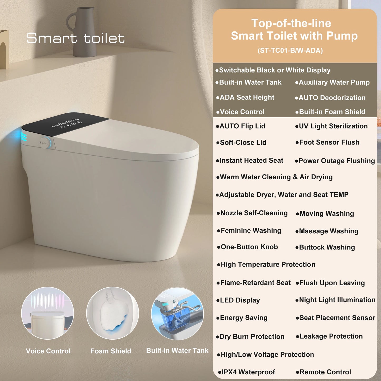 Smart Toilet With Built-In Bidet Auto Dual Flush Heated Seat Warm Water Sprayer