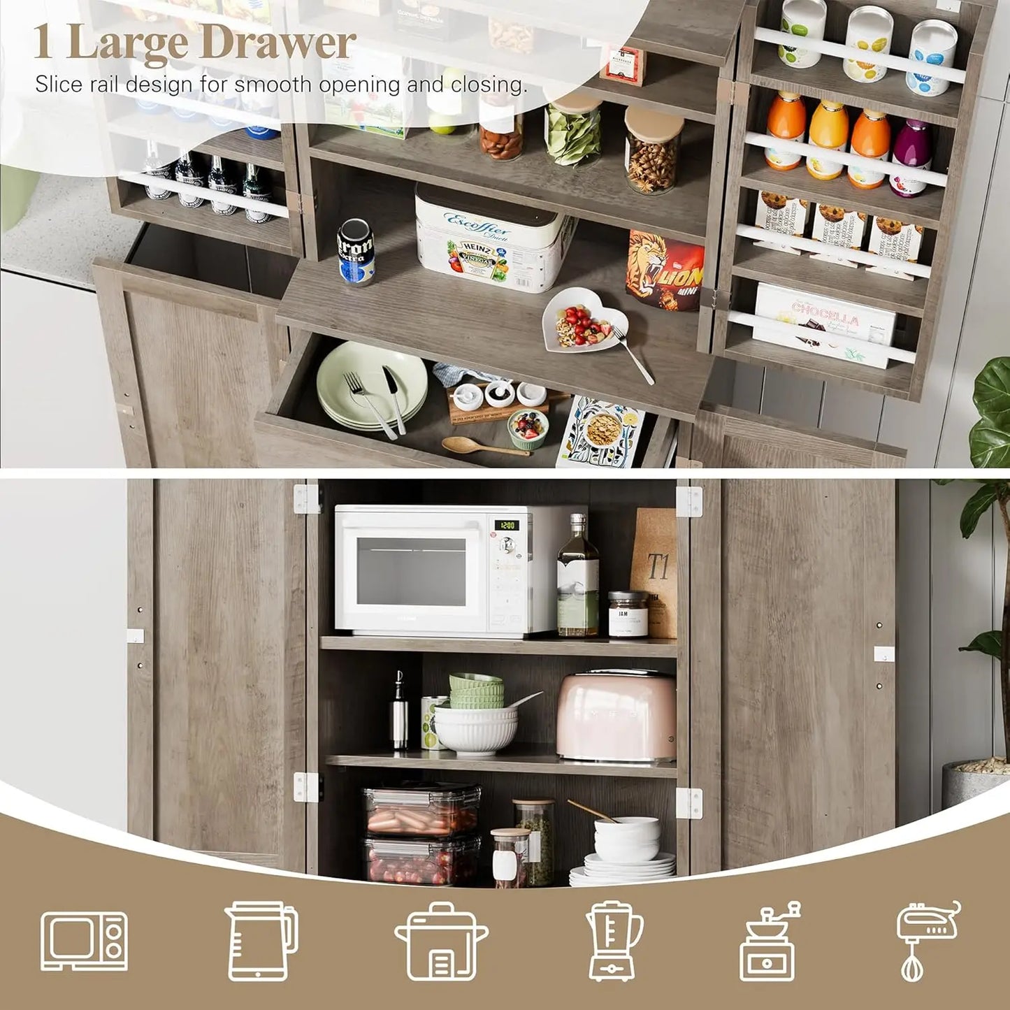 Rustic Pantry Cabinet Barn Door Drawer Adjustable Shelves 6-Tier Wood Cupboard Kitchen Dining Bath, Custom