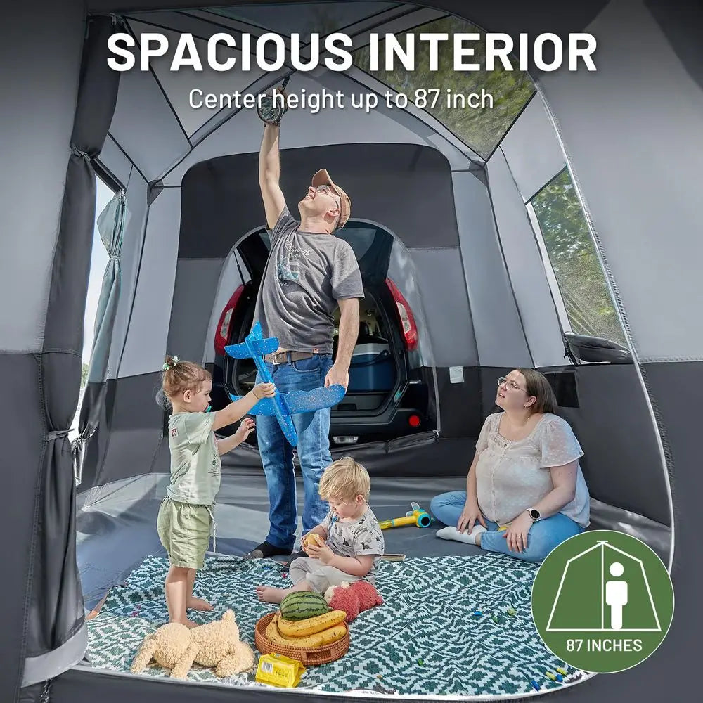 59 Person SUV Tent with Screen Porch and Awning for Family Camping, Weather Resistant and Portable Van or Car Tent, Includes Ra